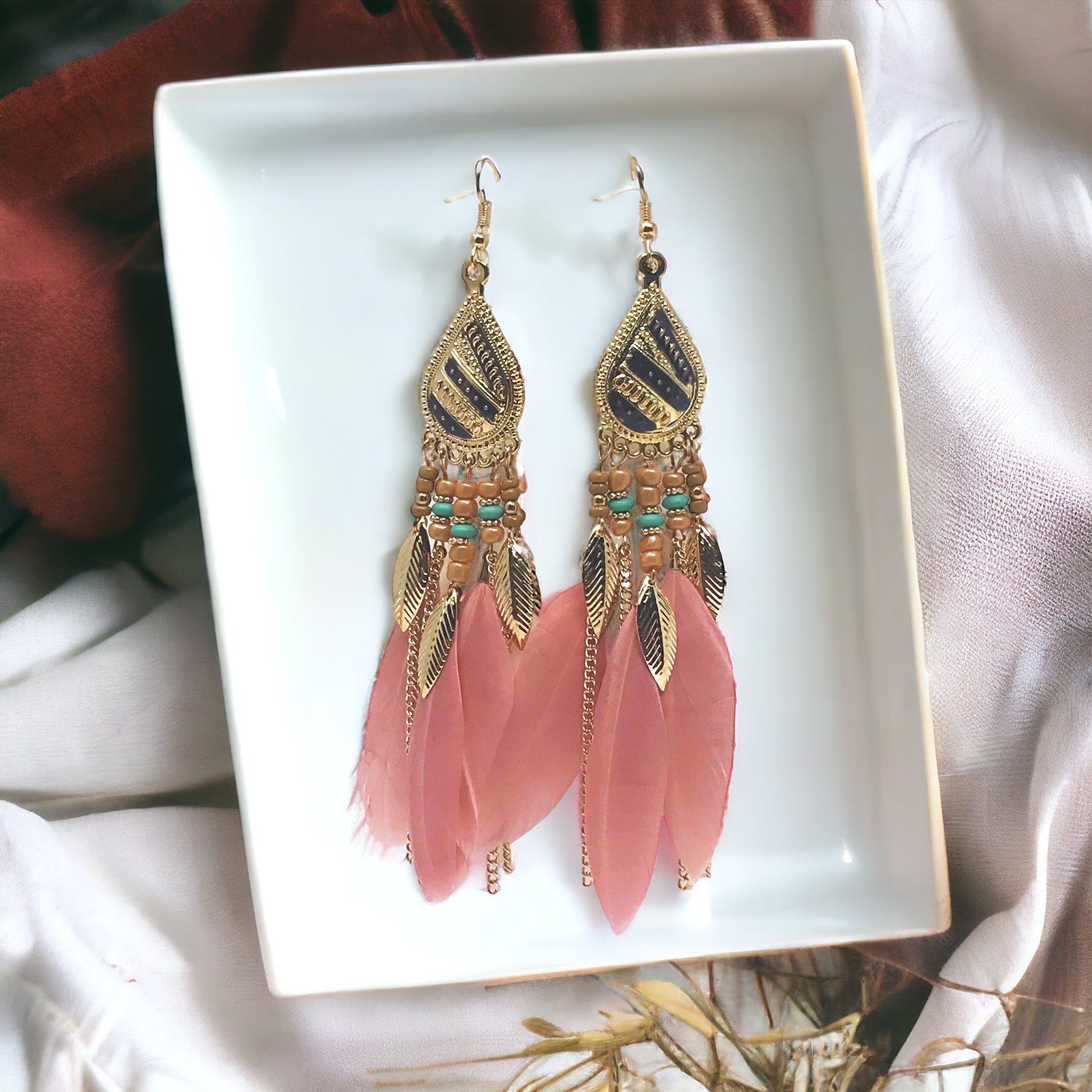 Pink Feather Chain Dangle Earrings - Stylish Bohemian Accessories