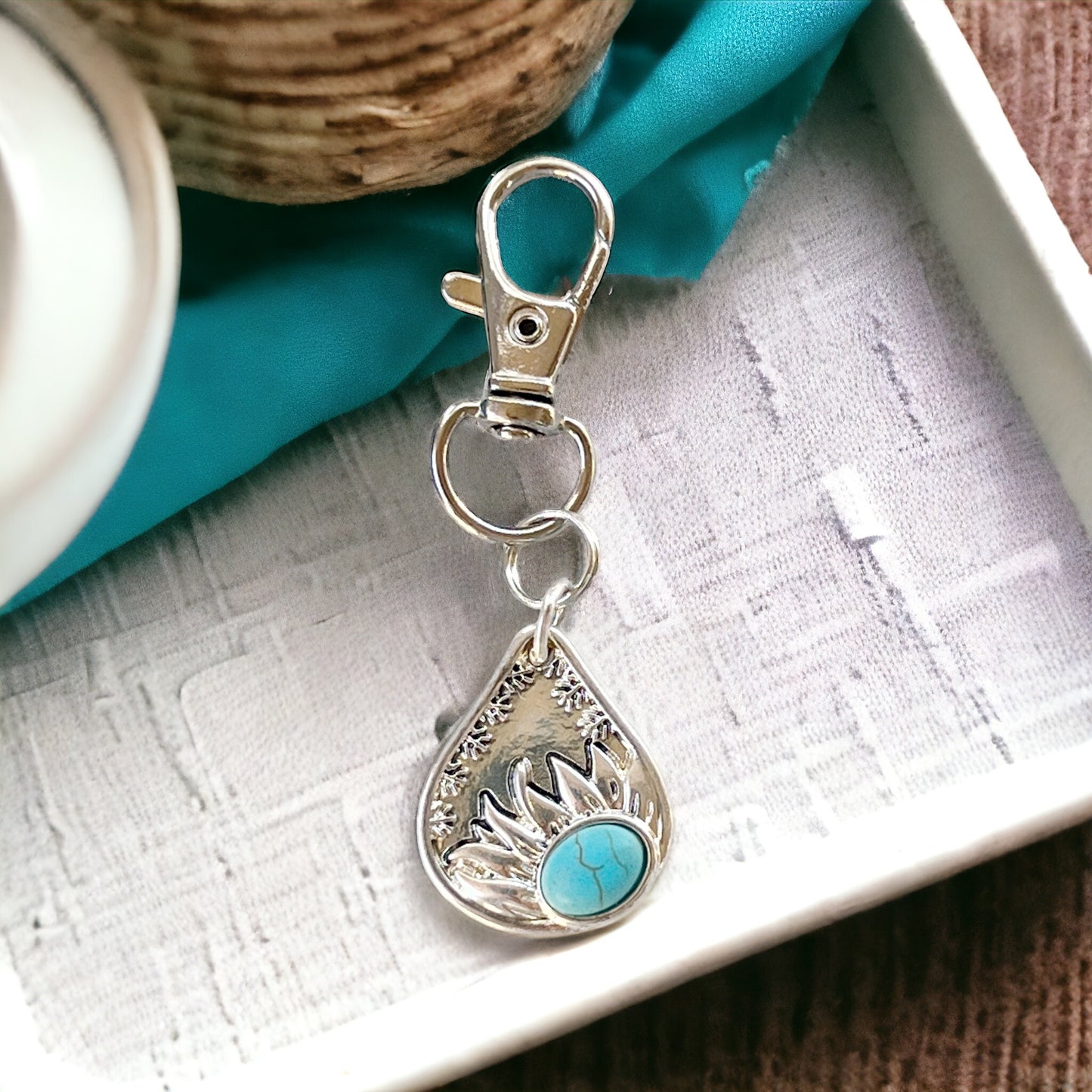 Turquoise Sunflower Zipper Handbag Charm: Stylish Accent for Your Western-Inspired Look