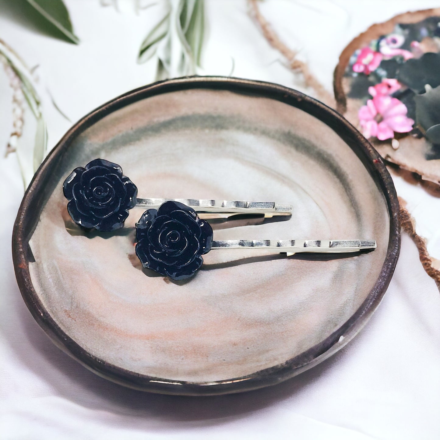 Black Rose Flower Hair Pins - Elegant & Timeless Floral Accessories