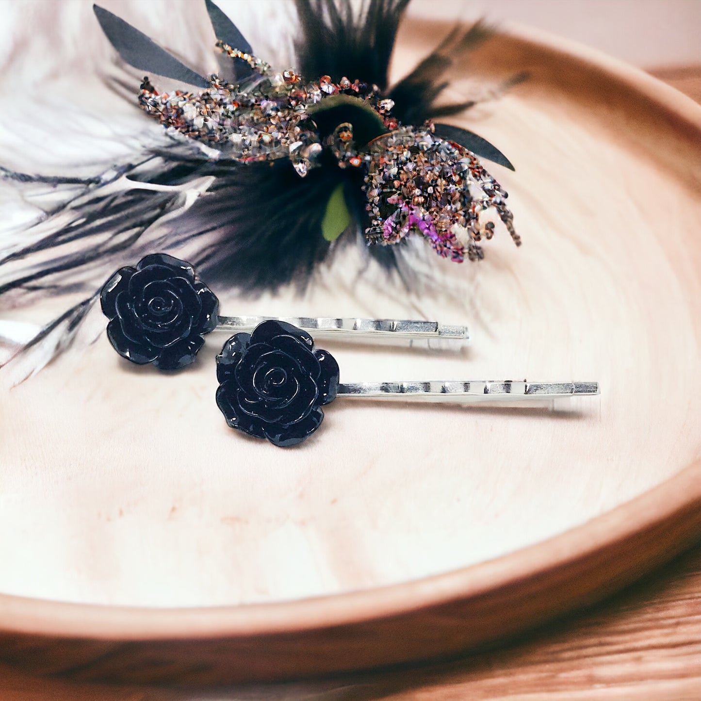 Black Rose Flower Hair Pins - Elegant & Timeless Floral Accessories