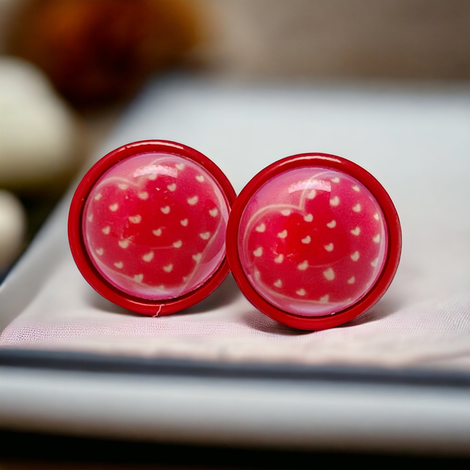 Pink, Red & White Polka Dot Heart Stud Earrings: Playful & Romantic Accessories