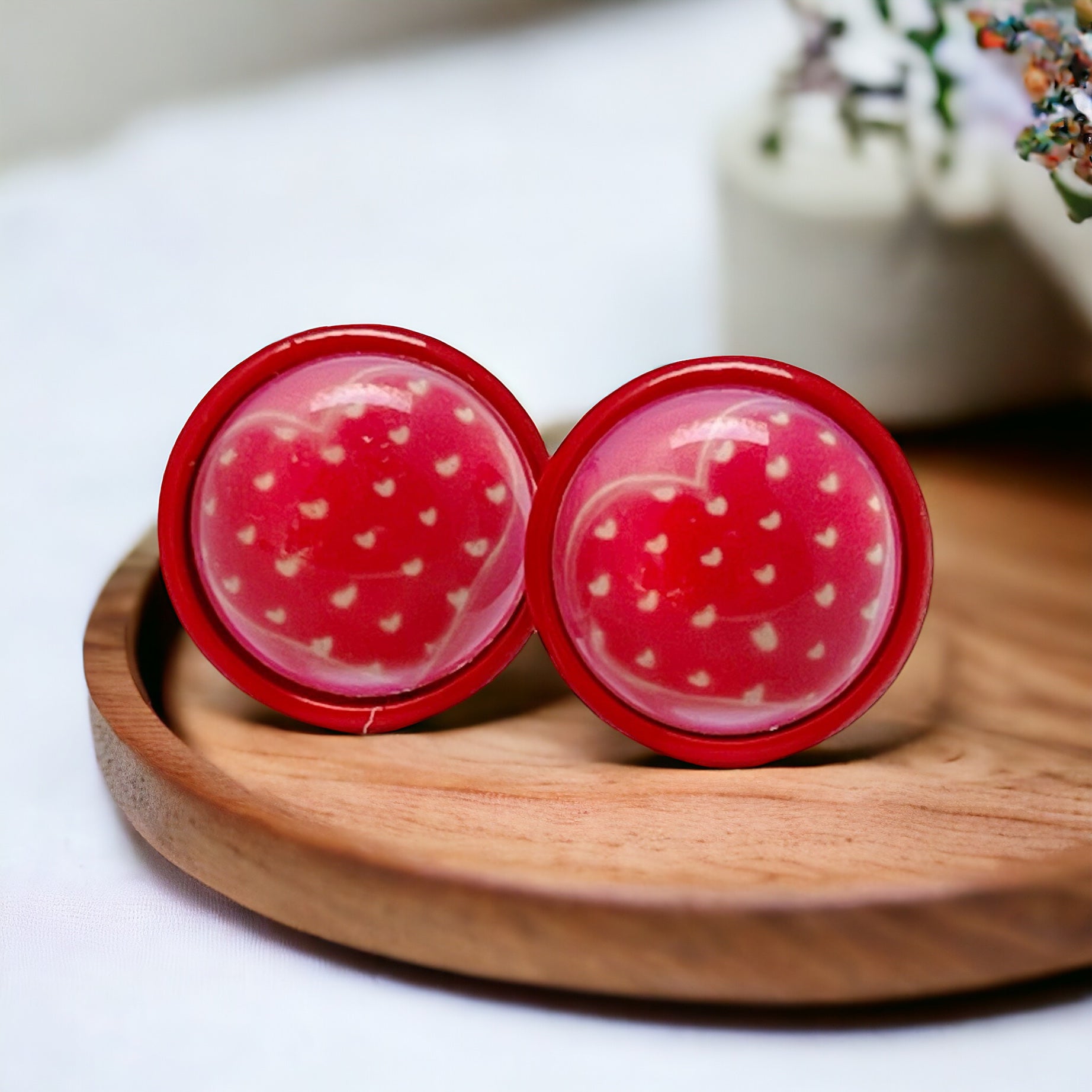 Pink, Red & White Polka Dot Heart Stud Earrings: Playful & Romantic Accessories