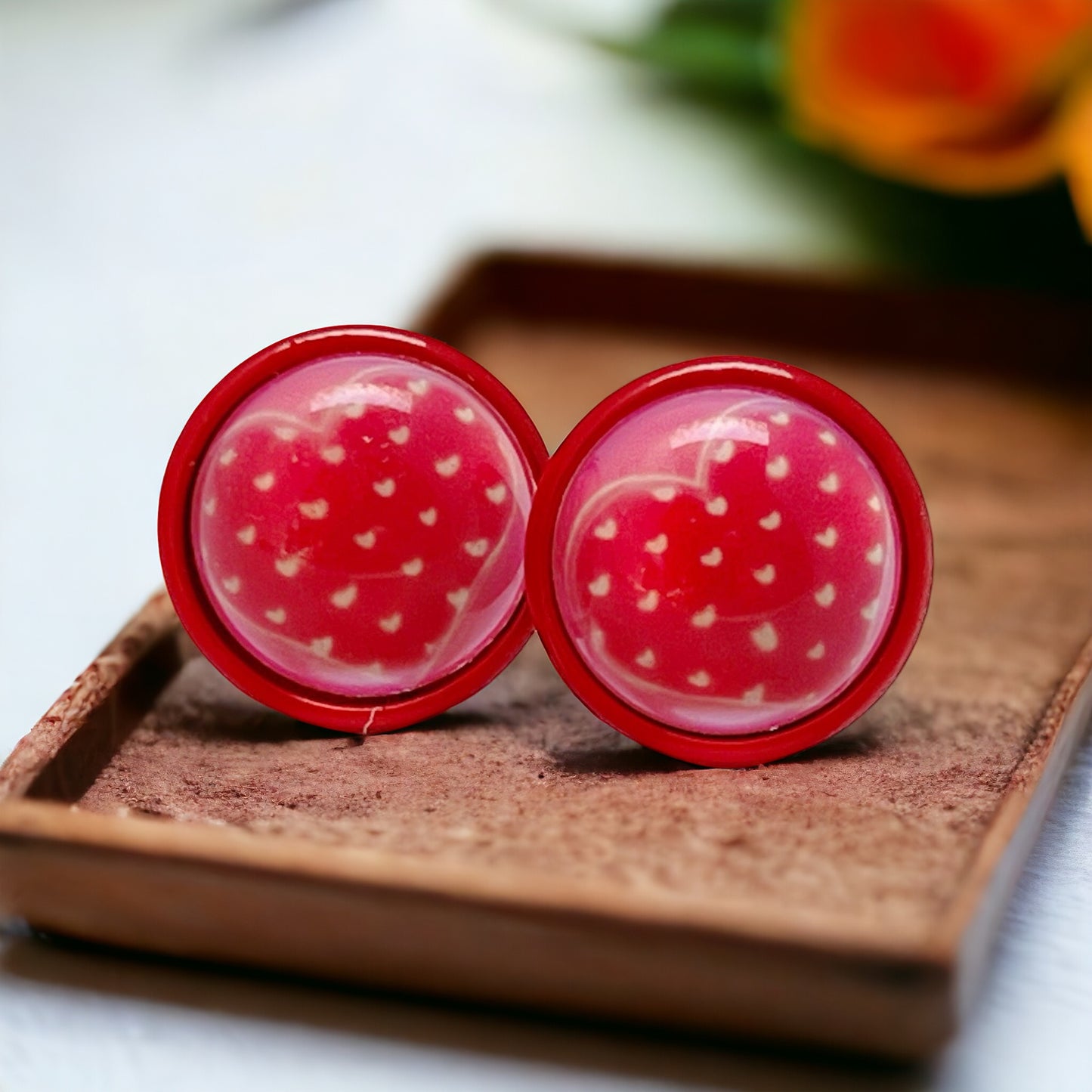 Pink, Red & White Polka Dot Heart Stud Earrings: Playful & Romantic Accessories