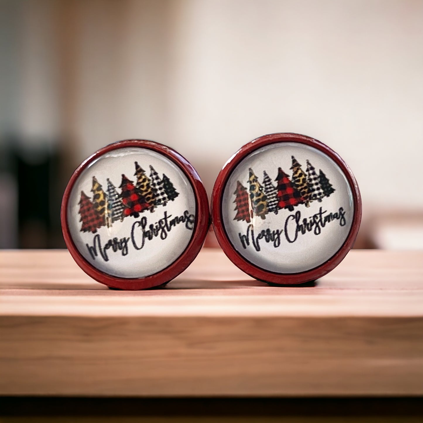 Red Stud Earrings with Christmas Trees: Spread Holiday Cheer with 'Merry Christmas' Design