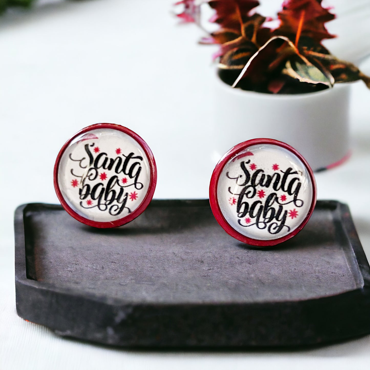 Red Stud Earrings: Festive 'Santa Baby' Design for Christmas Cheer