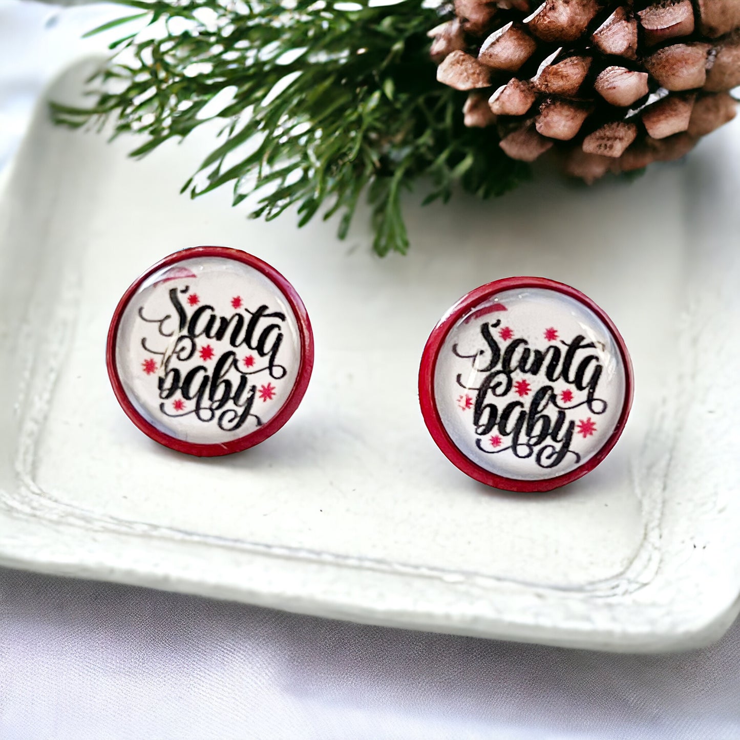 Red Stud Earrings: Festive 'Santa Baby' Design for Christmas Cheer