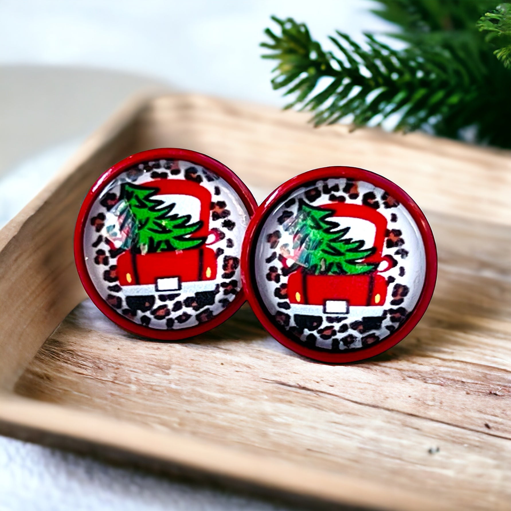 Red Truck with Christmas Tree Stud Earrings: Rustic Farmhouse Holiday Charm for Your Ears