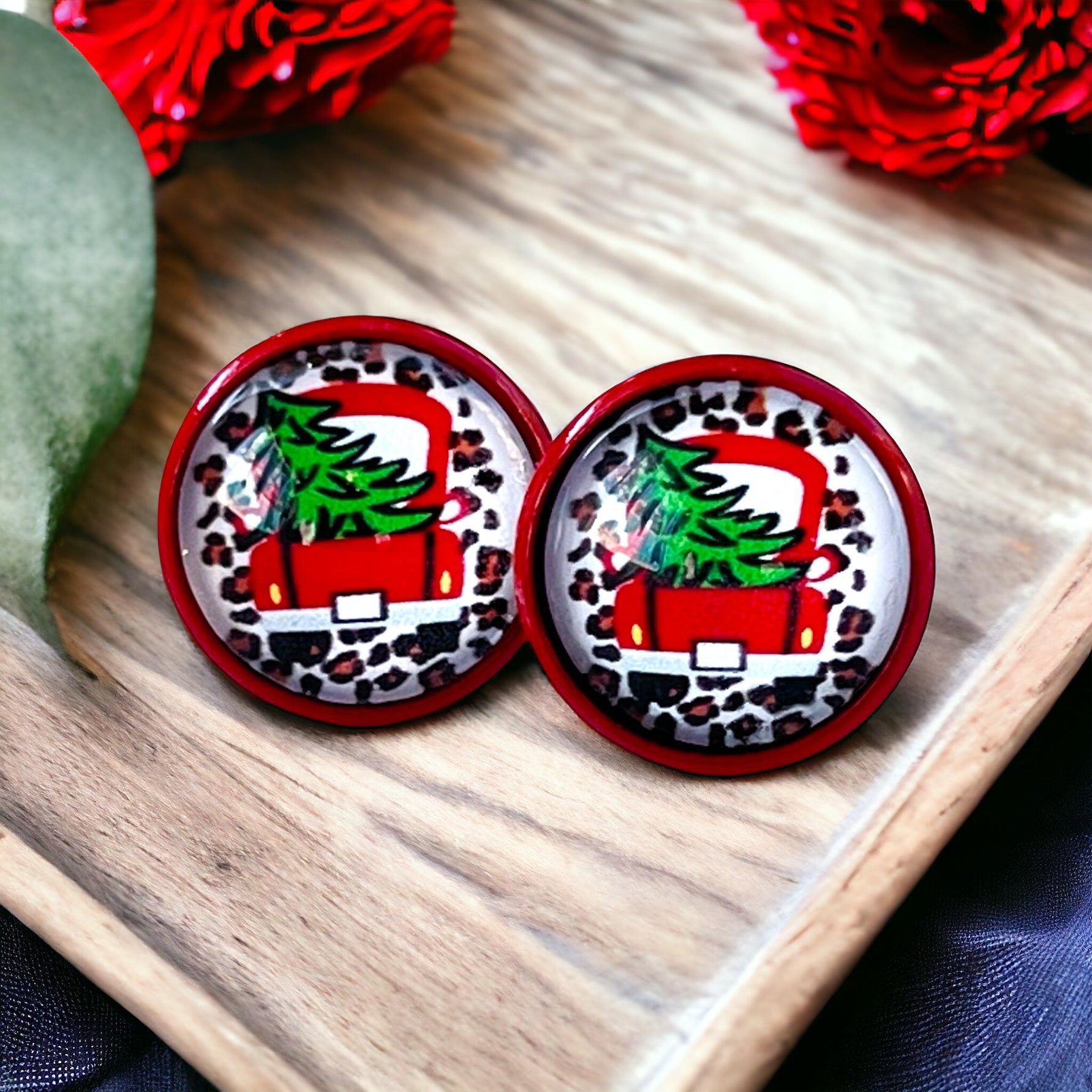 Red Truck with Christmas Tree Stud Earrings: Rustic Farmhouse Holiday Charm for Your Ears