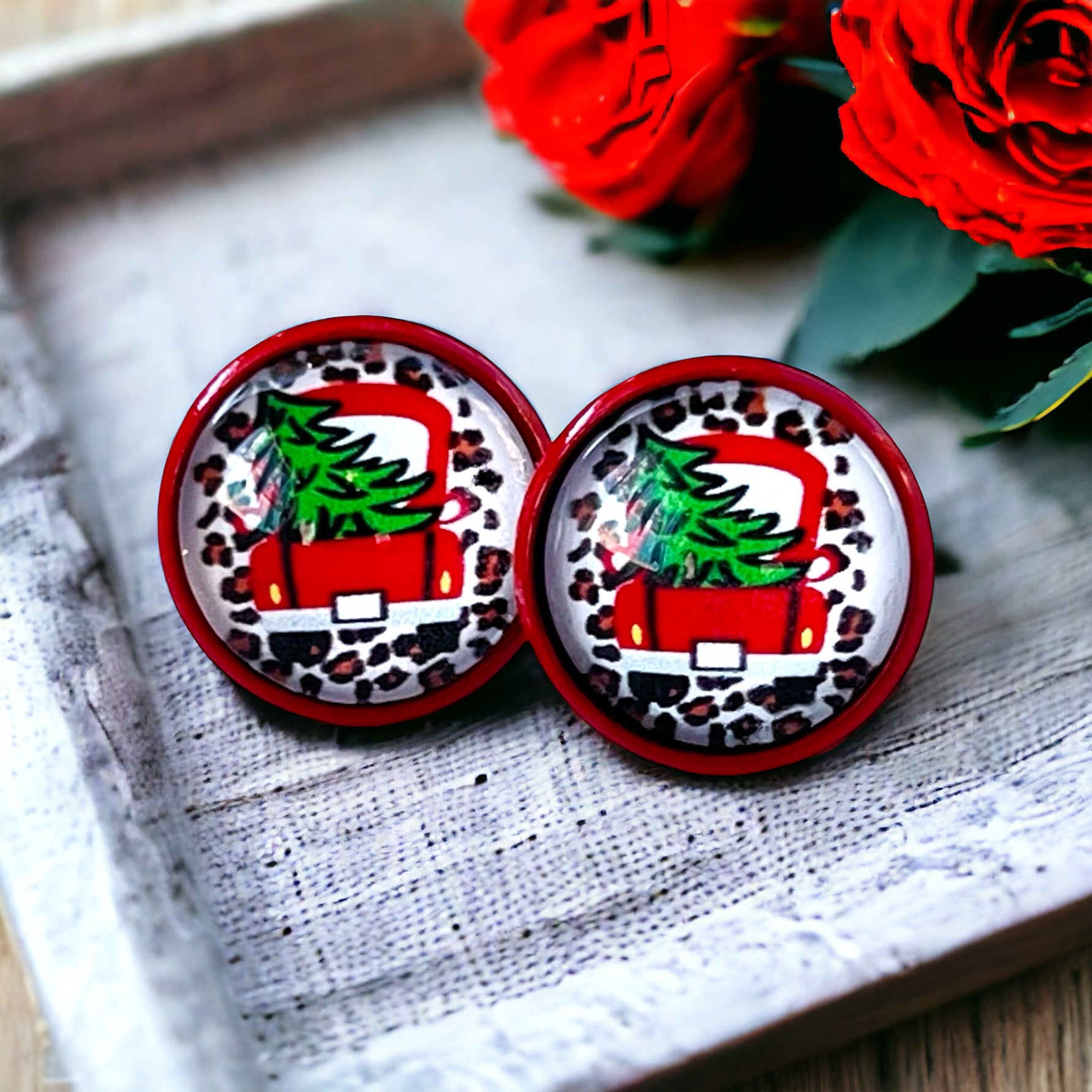 Red Truck with Christmas Tree Stud Earrings: Rustic Farmhouse Holiday Charm for Your Ears