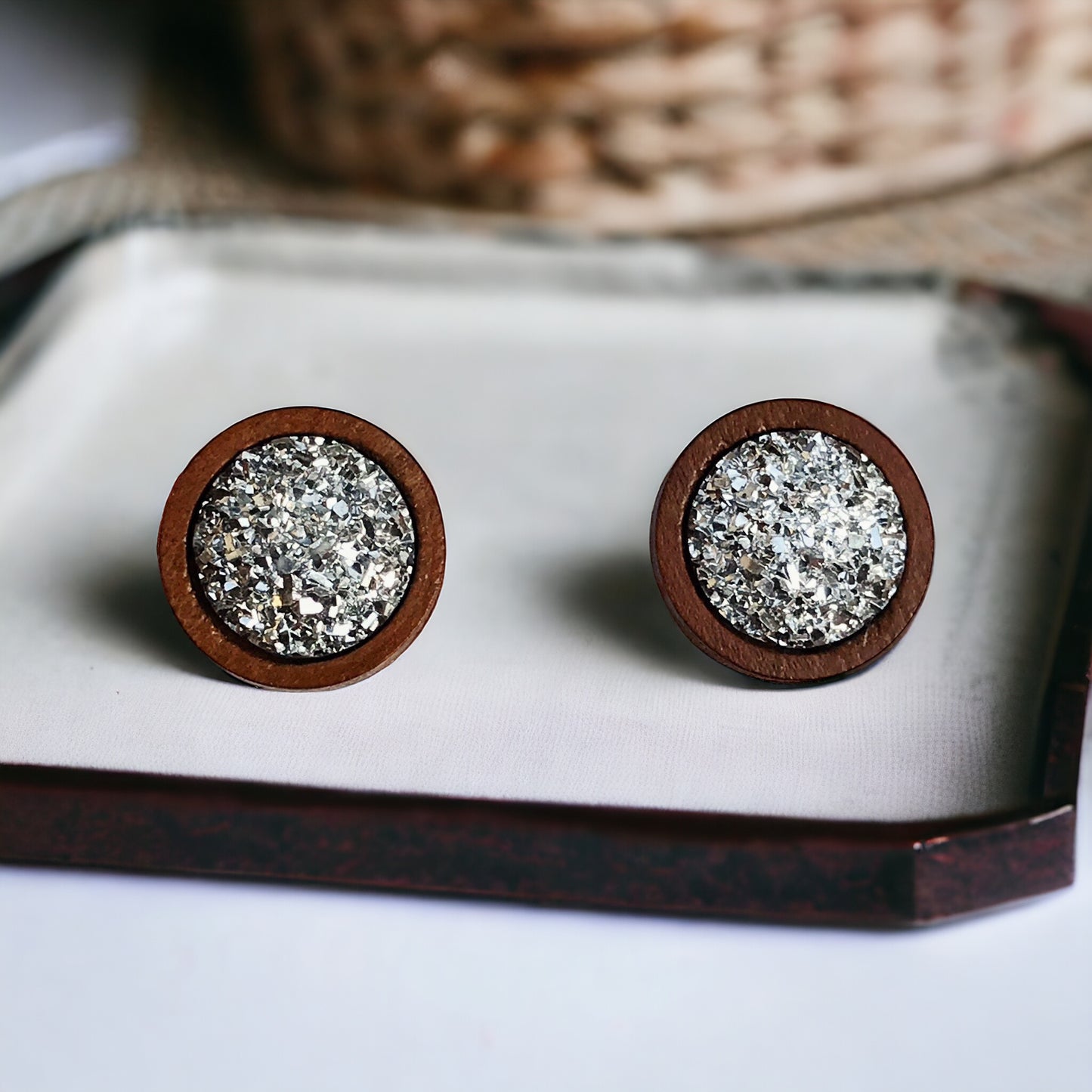 Silver Druzy Wood Stud Earrings: Stylish & Natural Accents for Everyday Wear