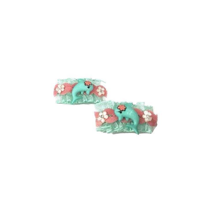 Mint Green & Pink Floral Dolphin Hair Clip Set - Cute & Playful Hair Accessories