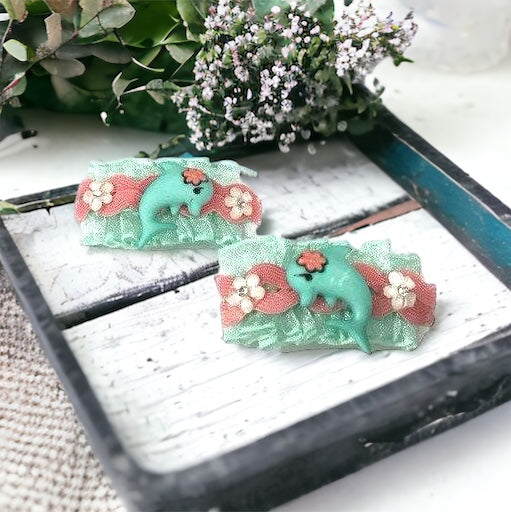 Mint Green & Pink Floral Dolphin Hair Clip Set - Cute & Playful Hair Accessories
