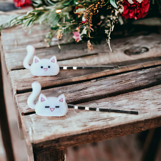 White Cat Hair Pins - Cute Accessories for Feline Fans
