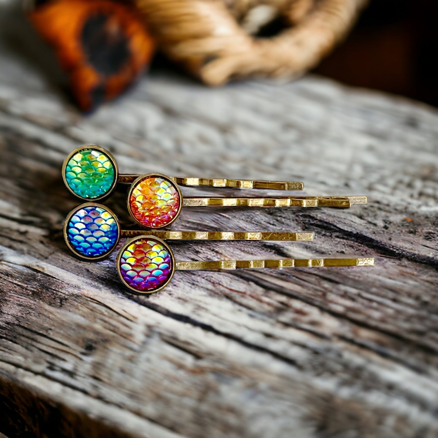 Brass Mermaid Hair Pins: Set of 4 in Purple, Green, Red, & Blue Colors for Enchanting Hairstyles