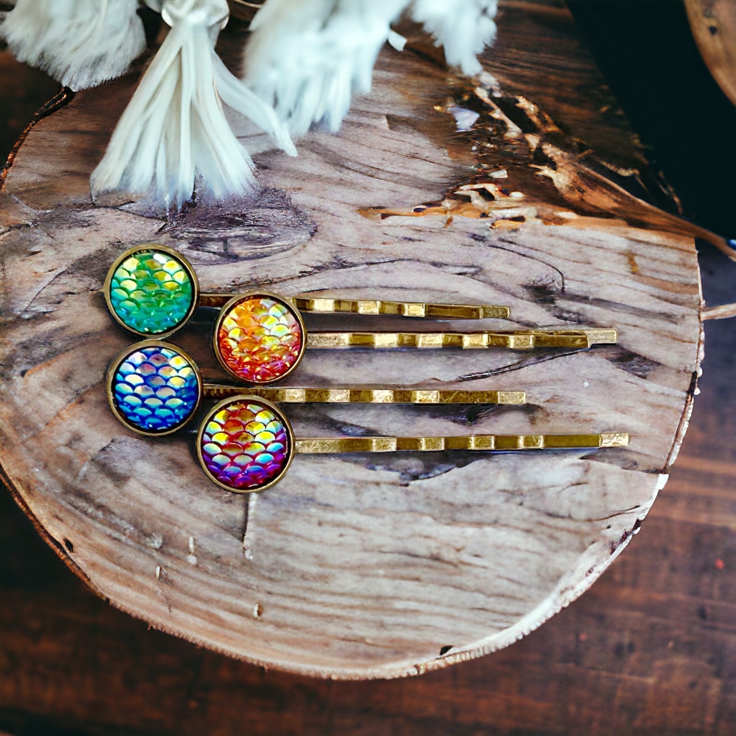 Brass Mermaid Hair Pins: Set of 4 in Purple, Green, Red, & Blue Colors for Enchanting Hairstyles