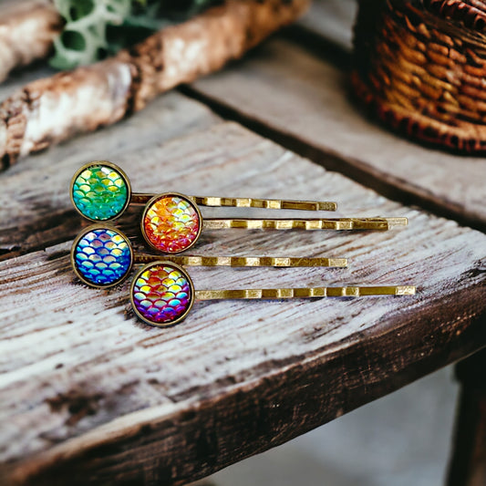 Brass Mermaid Hair Pins: Set of 4 in Purple, Green, Red, & Blue Colors for Enchanting Hairstyles