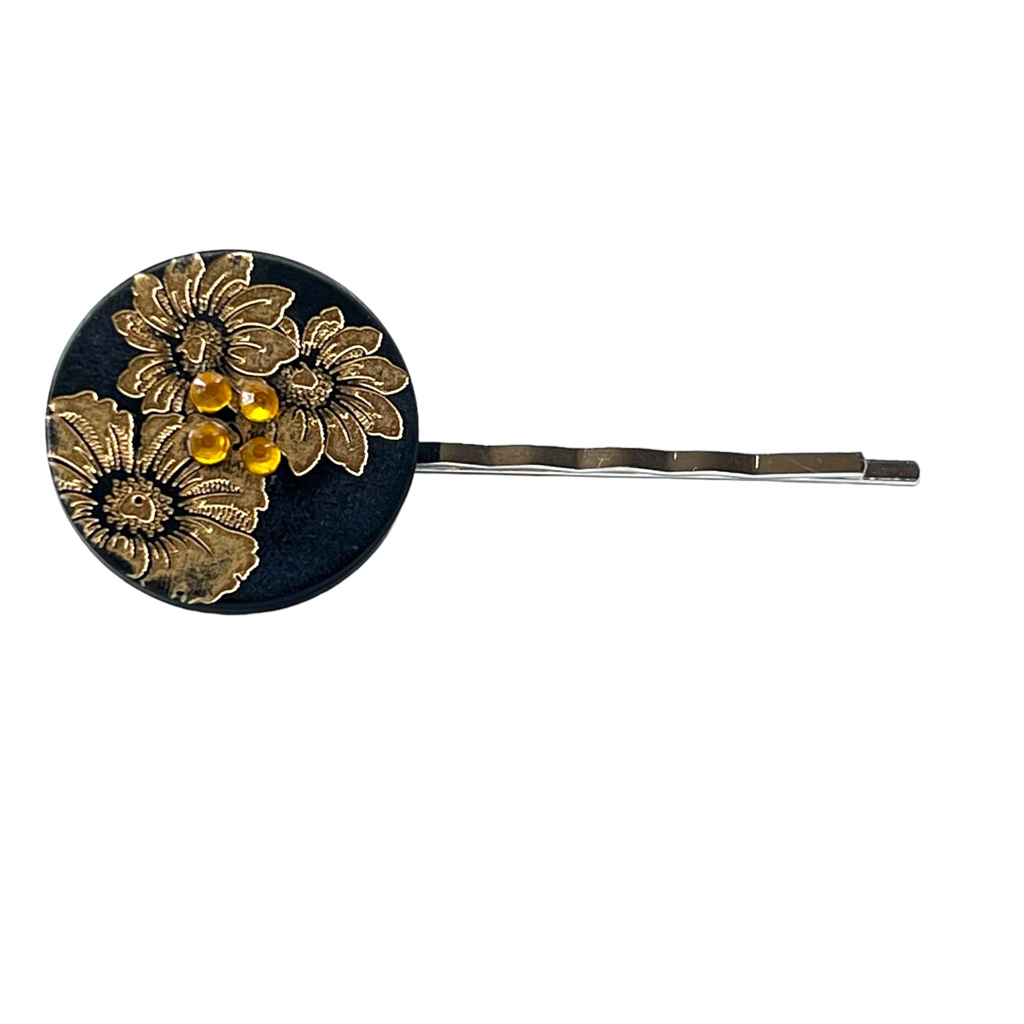 Black & Gold Sunflower Silver Bobby Pin - Elegant Floral Hair Accessory