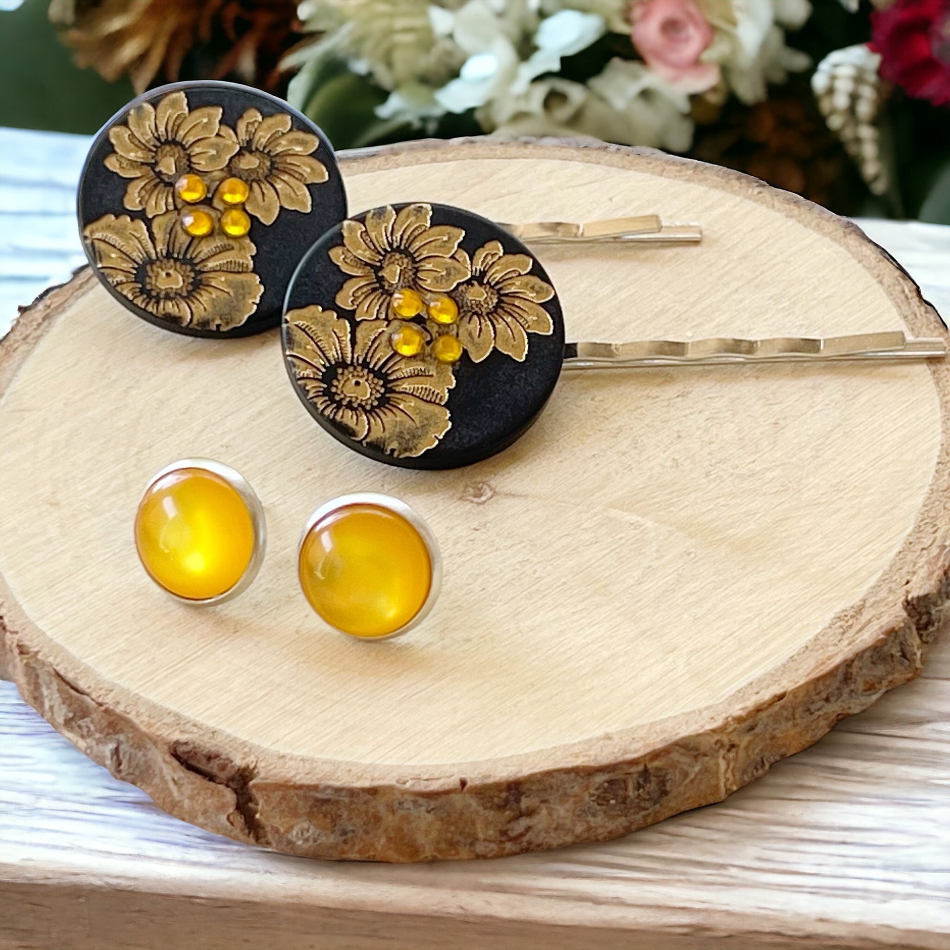 Black & Gold Sunflower Silver Bobby Pin Set with Matching 12mm Earrings - Stylish Floral Accessories
