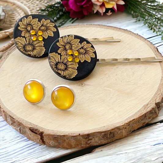 Black & Gold Sunflower Silver Bobby Pin Set with Matching 12mm Earrings - Stylish Floral Accessories