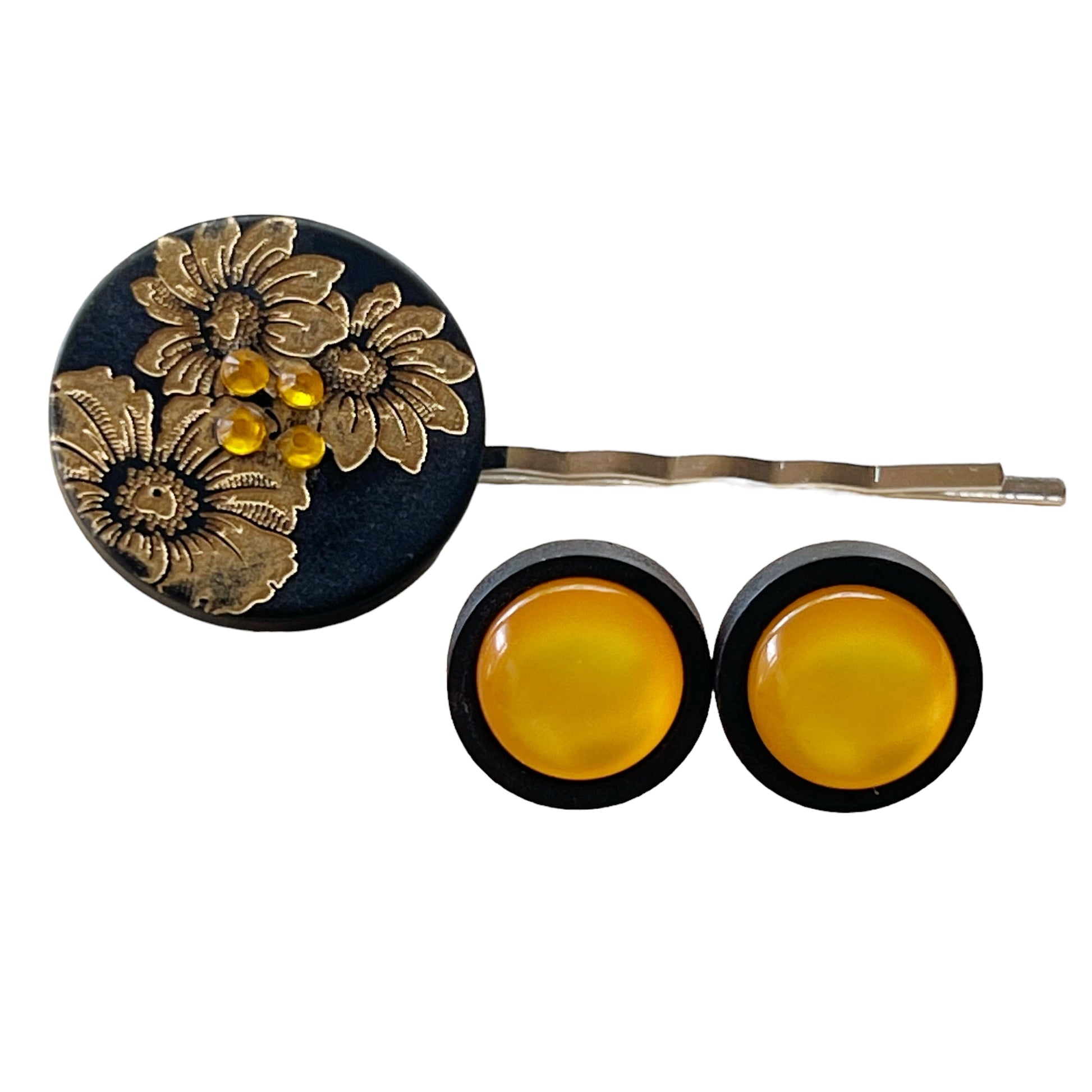 Black & Gold Sunflower Silver Bobby Pin with Matching 12mm Wood Earrings - Stylish Floral Accessories