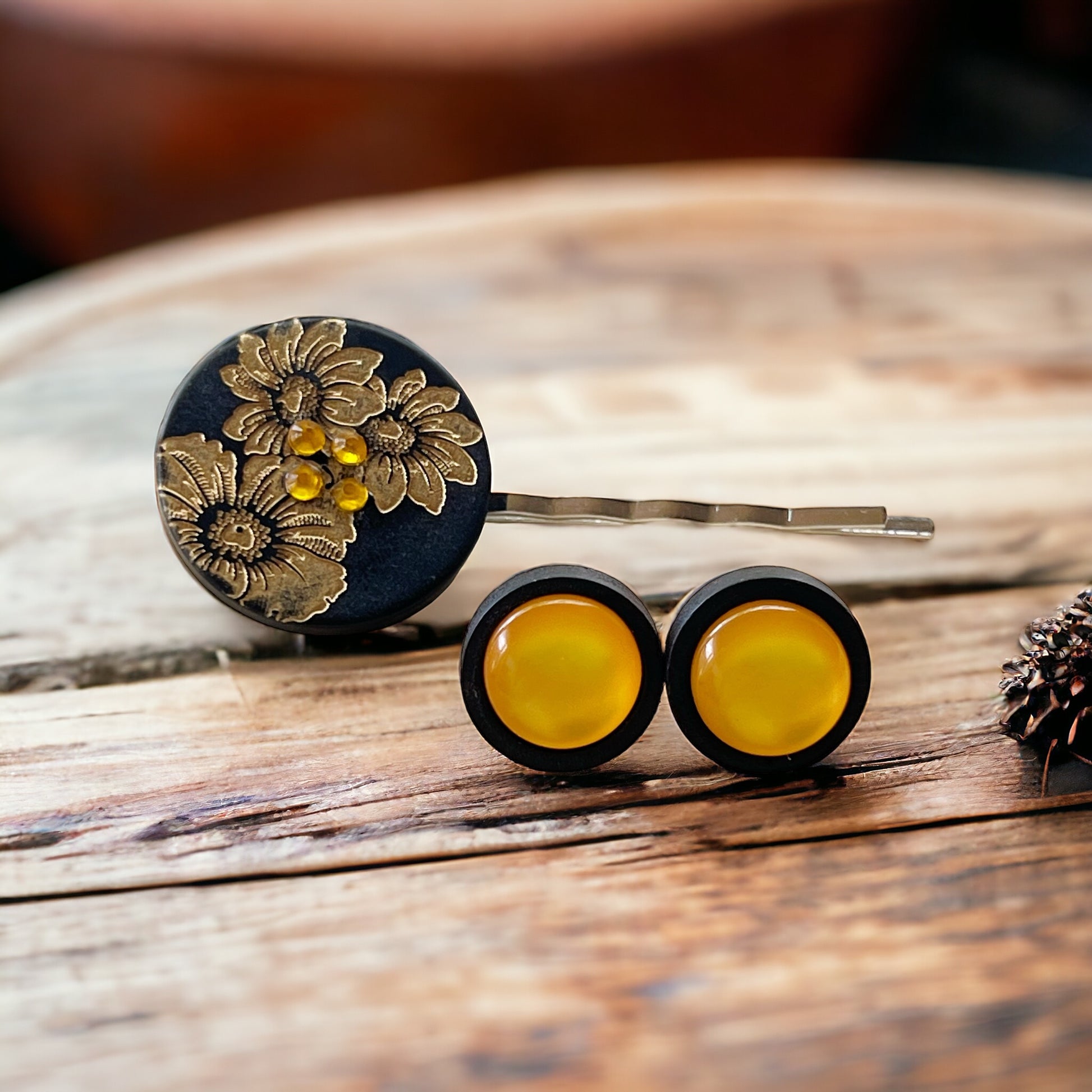 Black & Gold Sunflower Silver Bobby Pin with Matching 12mm Wood Earrings - Stylish Floral Accessories