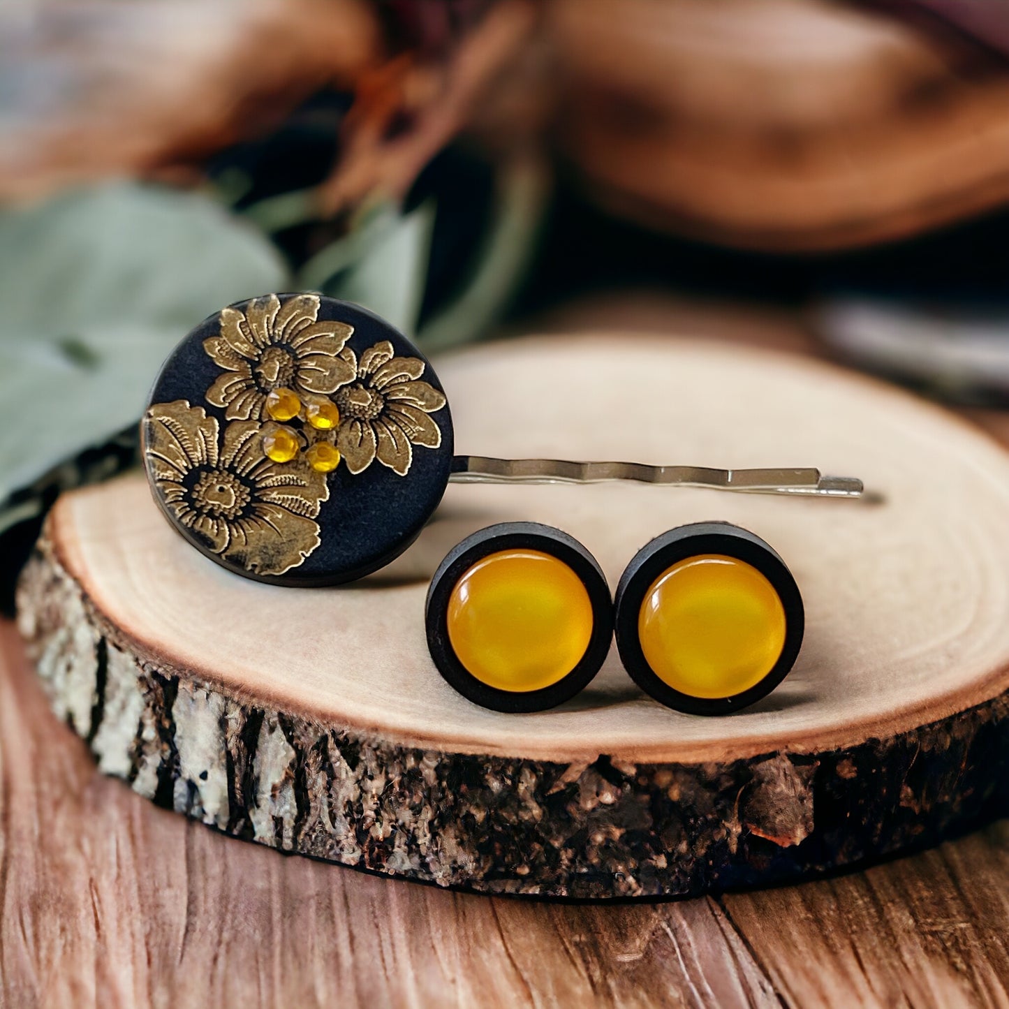 Black & Gold Sunflower Silver Bobby Pin with Matching 12mm Wood Earrings - Stylish Floral Accessories