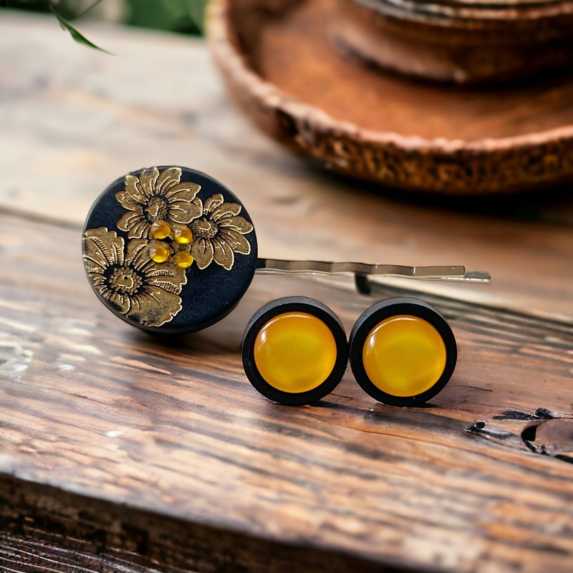 Black & Gold Sunflower Silver Bobby Pin with Matching 12mm Wood Earrings - Stylish Floral Accessories