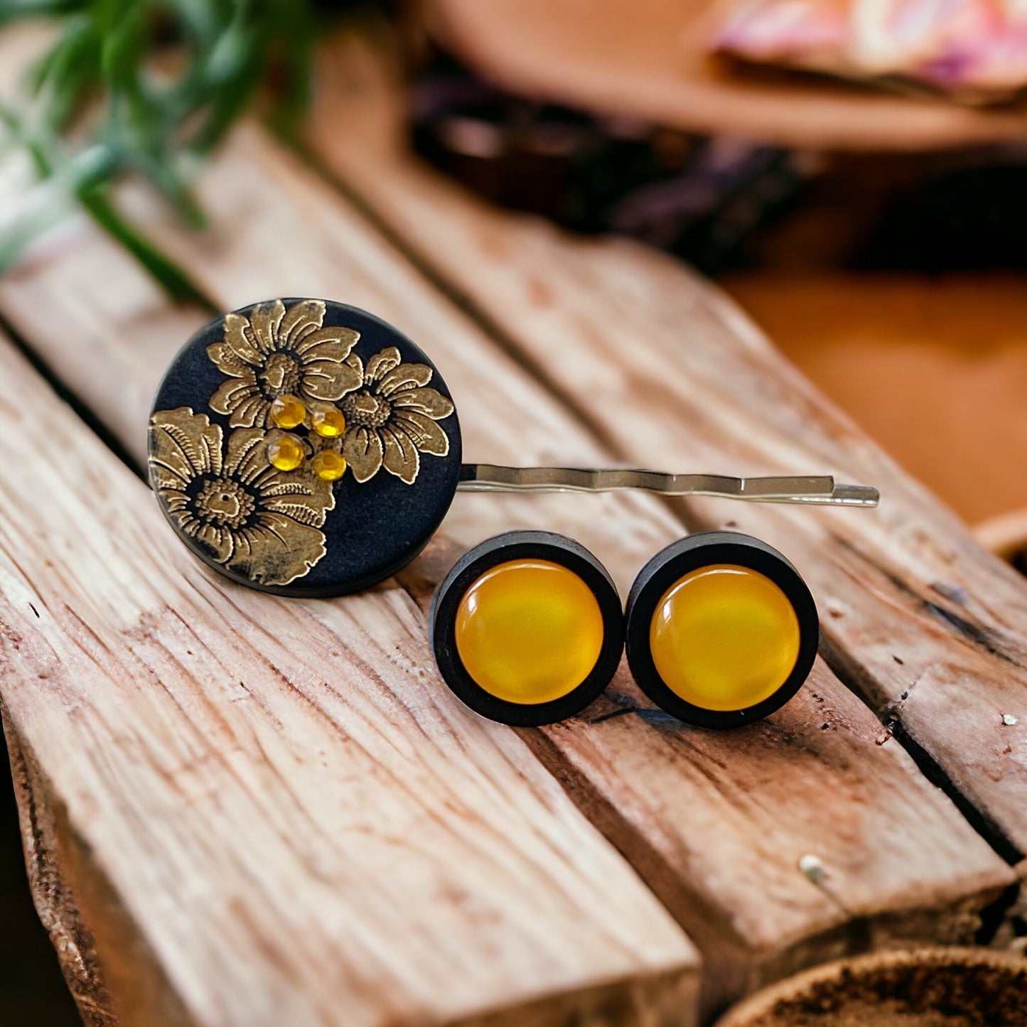 Black & Gold Sunflower Silver Bobby Pin with Matching 12mm Wood Earrings - Stylish Floral Accessories