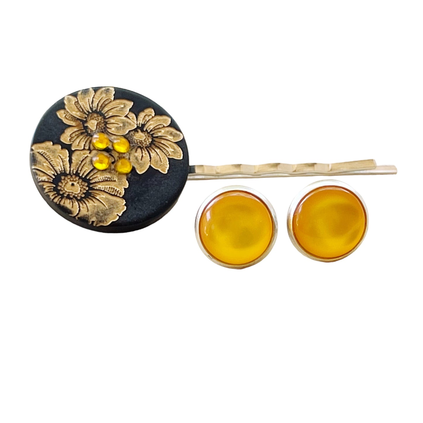 Black & Gold Sunflower Silver Bobby Pin with Matching 12mm Earrings - Stylish Floral Accessories