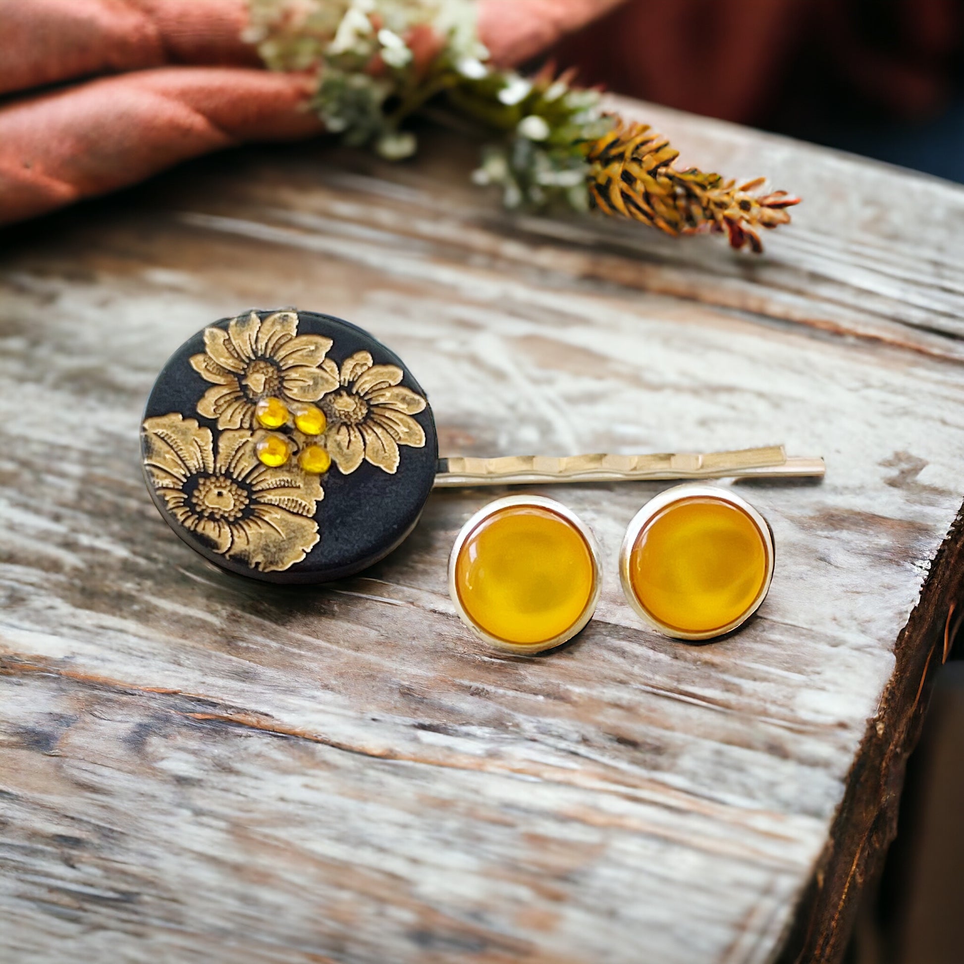 Black & Gold Sunflower Silver Bobby Pin with Matching 12mm Earrings - Stylish Floral Accessories