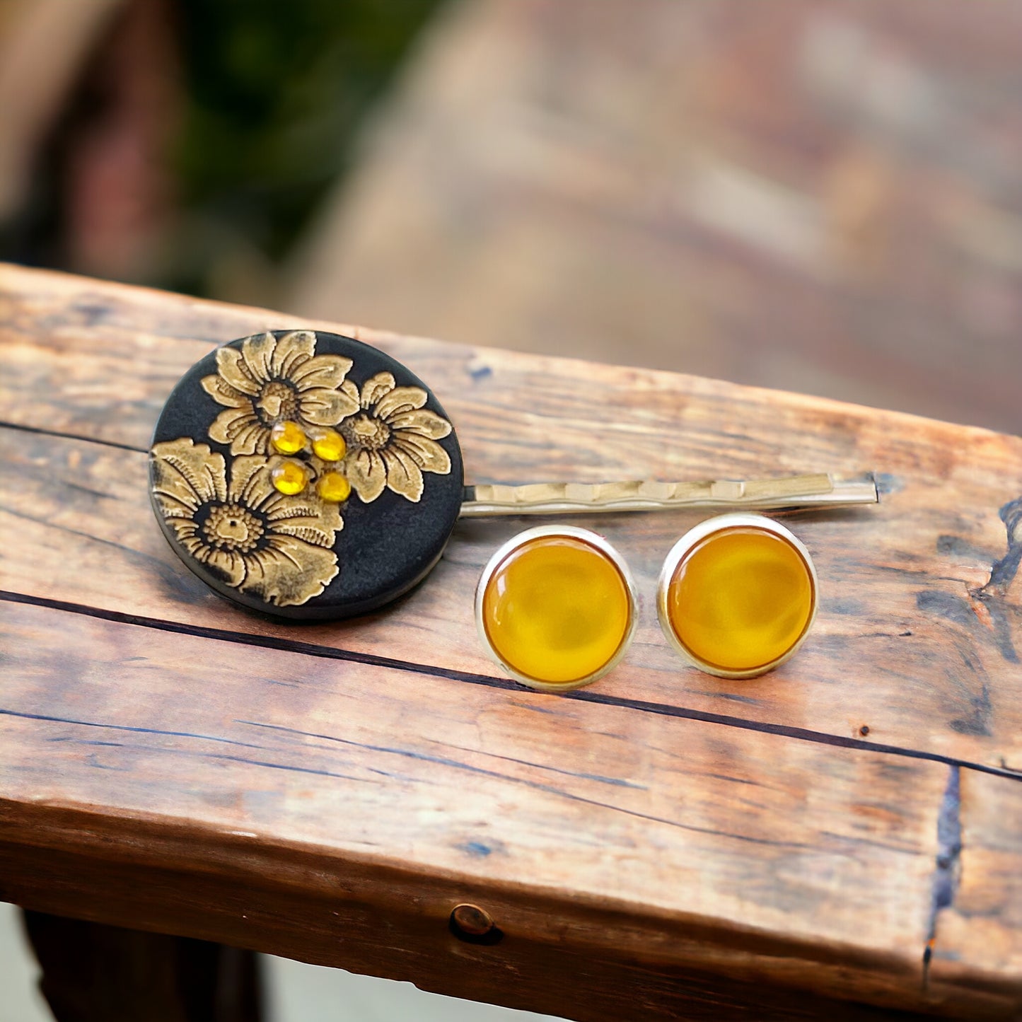 Black & Gold Sunflower Silver Bobby Pin with Matching 12mm Earrings - Stylish Floral Accessories