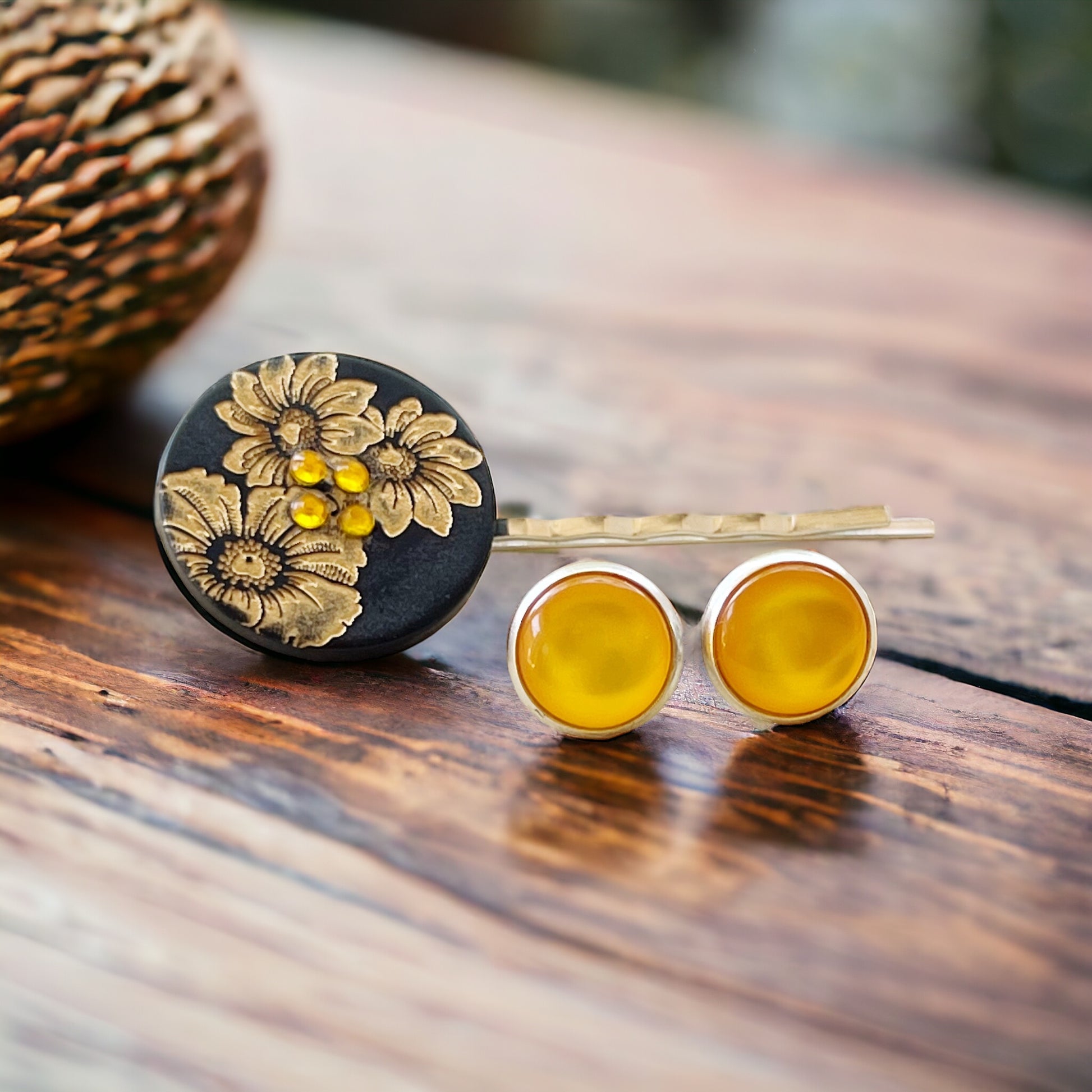 Black & Gold Sunflower Silver Bobby Pin with Matching 12mm Earrings - Stylish Floral Accessories