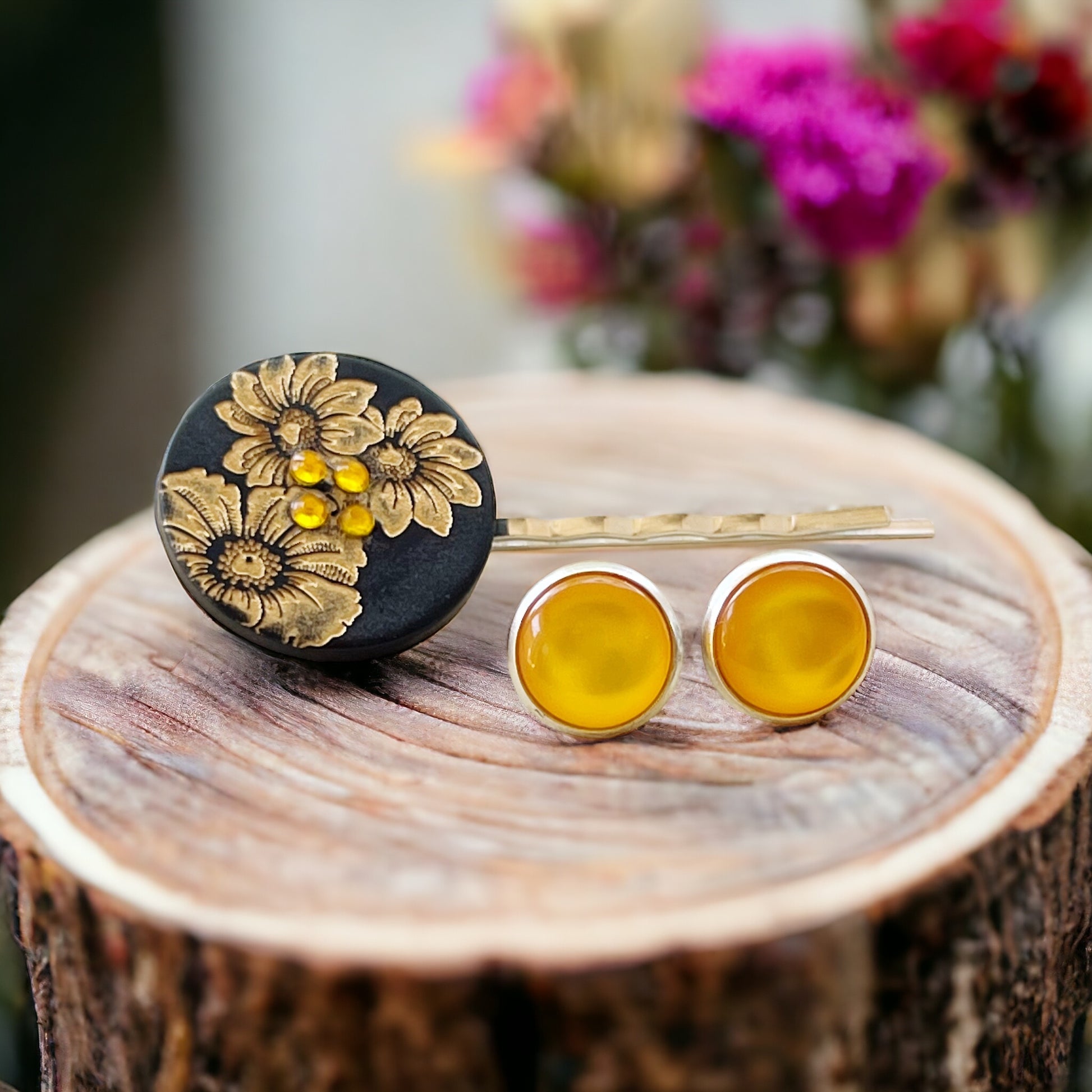 Black & Gold Sunflower Silver Bobby Pin with Matching 12mm Earrings - Stylish Floral Accessories