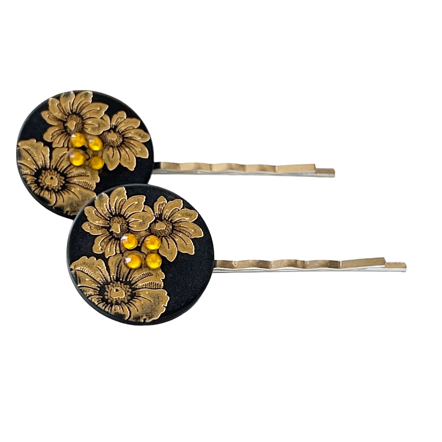 Black & Gold Sunflower Silver Bobby Pins Set - Elegant Floral Hair Accessories