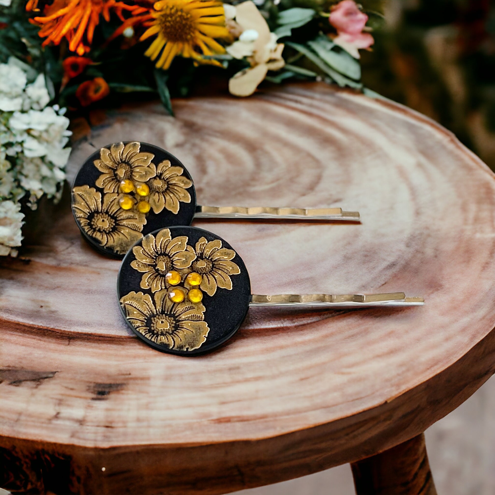 Black & Gold Sunflower Silver Bobby Pins Set - Elegant Floral Hair Accessories