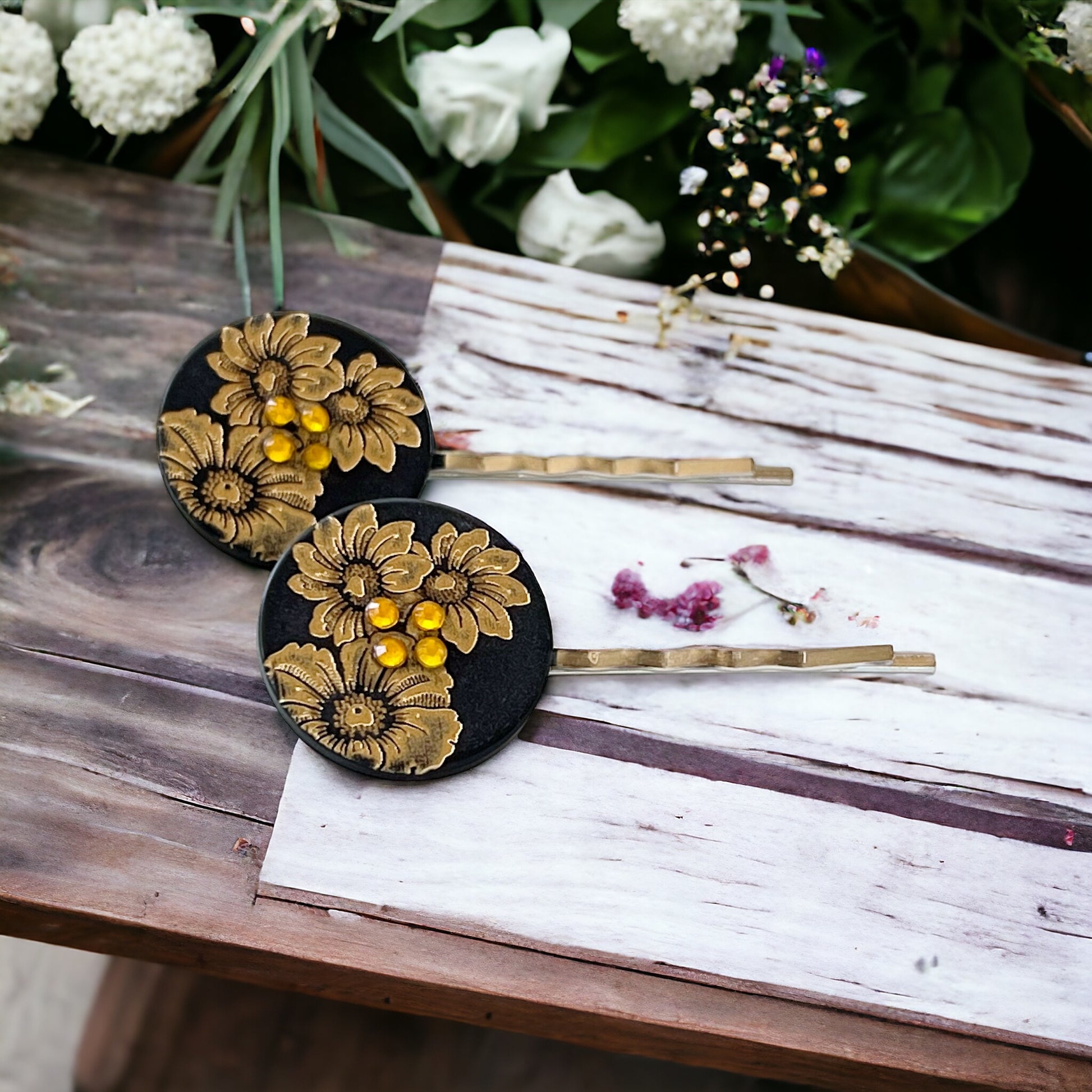 Black & Gold Sunflower Silver Bobby Pins Set - Elegant Floral Hair Accessories