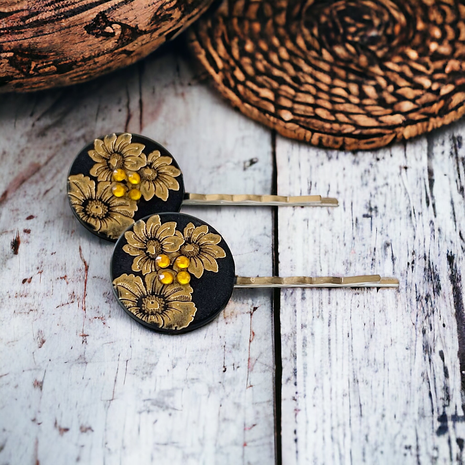 Black & Gold Sunflower Silver Bobby Pins Set - Elegant Floral Hair Accessories