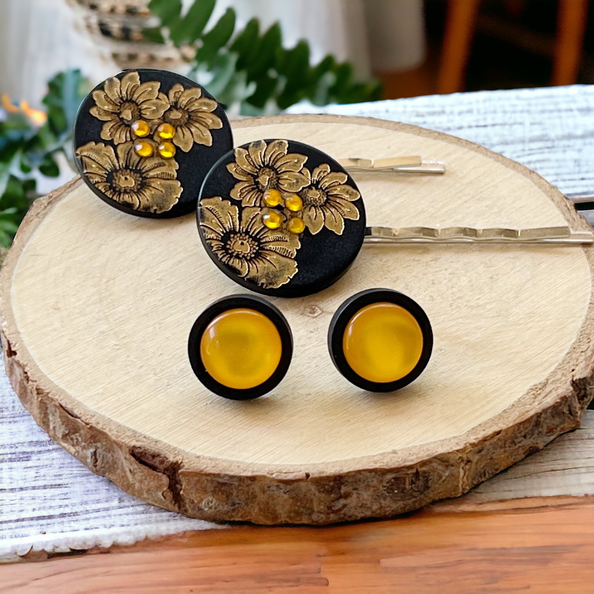 Black & Gold Sunflower Silver Bobby Pins with Matching 12mm Wood Earrings - Stylish Floral Accessories