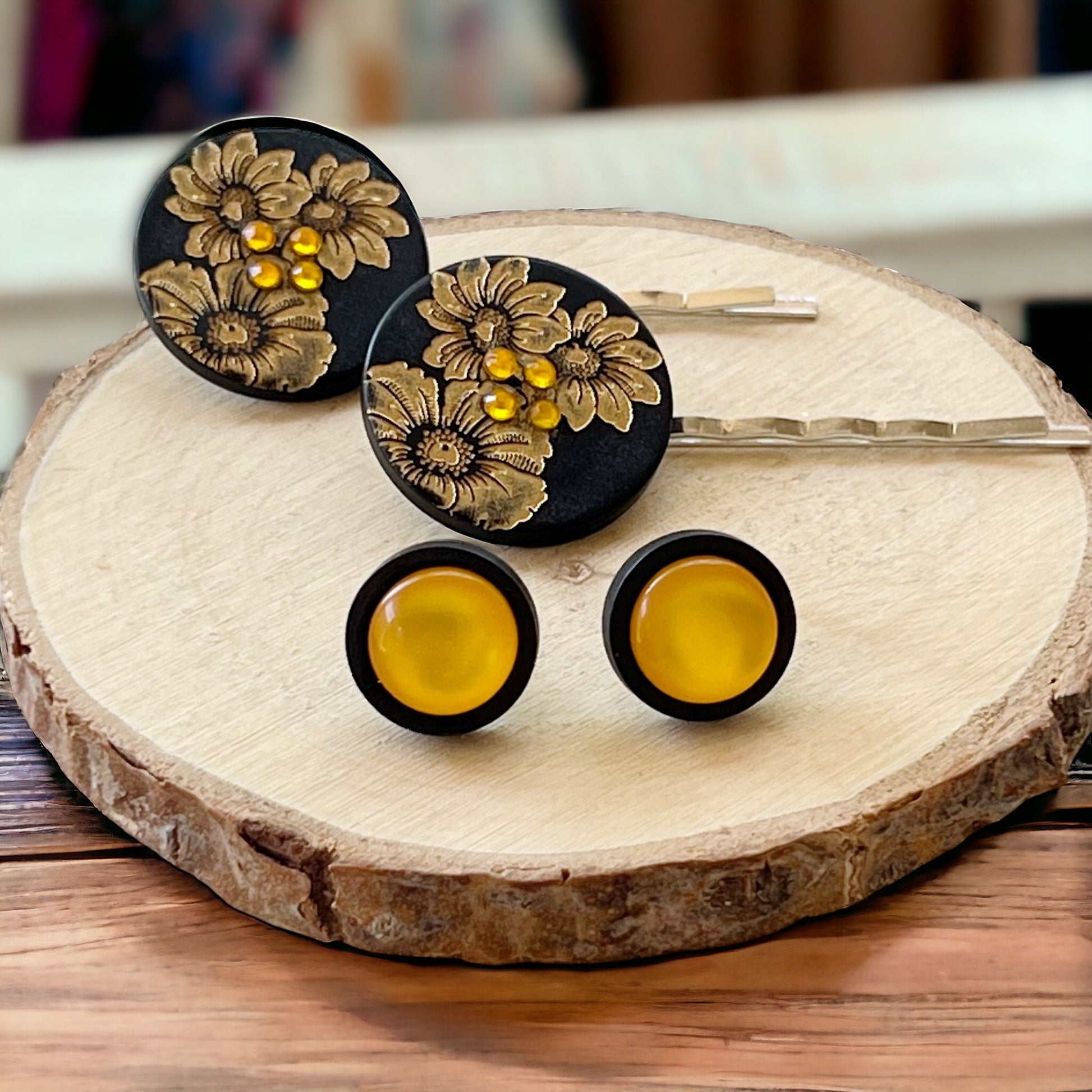 Black & Gold Sunflower Silver Bobby Pins with Matching 12mm Wood Earrings - Stylish Floral Accessories