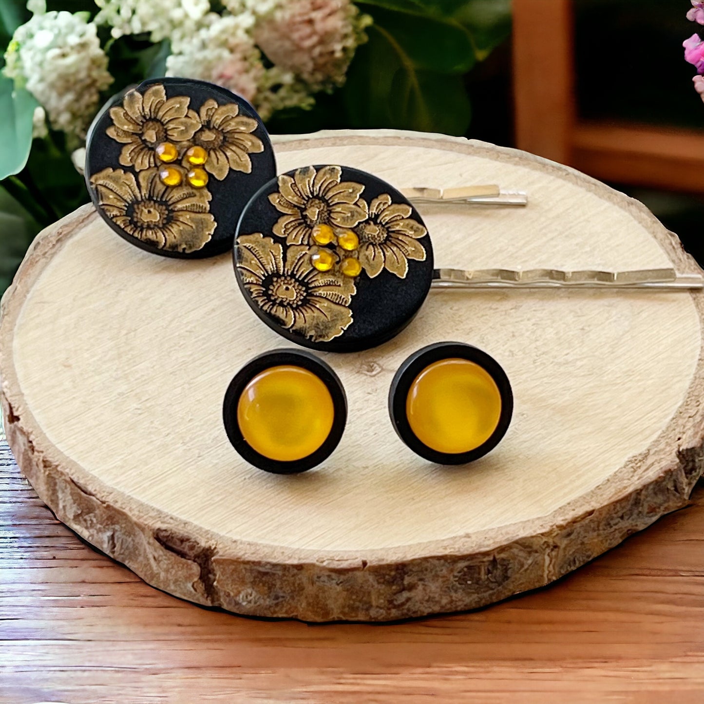 Black & Gold Sunflower Silver Bobby Pins with Matching 12mm Wood Earrings - Stylish Floral Accessories