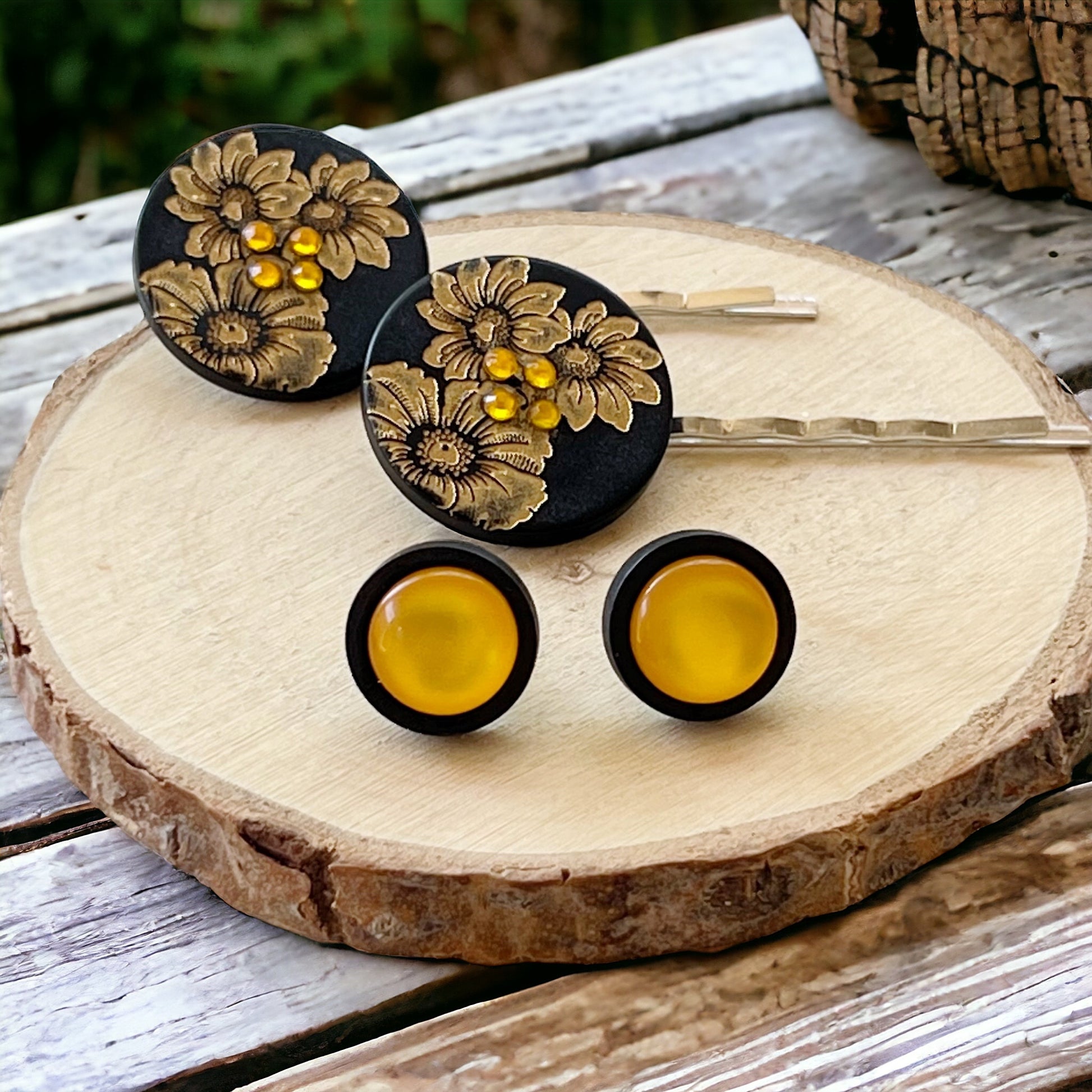 Black & Gold Sunflower Silver Bobby Pins with Matching 12mm Wood Earrings - Stylish Floral Accessories