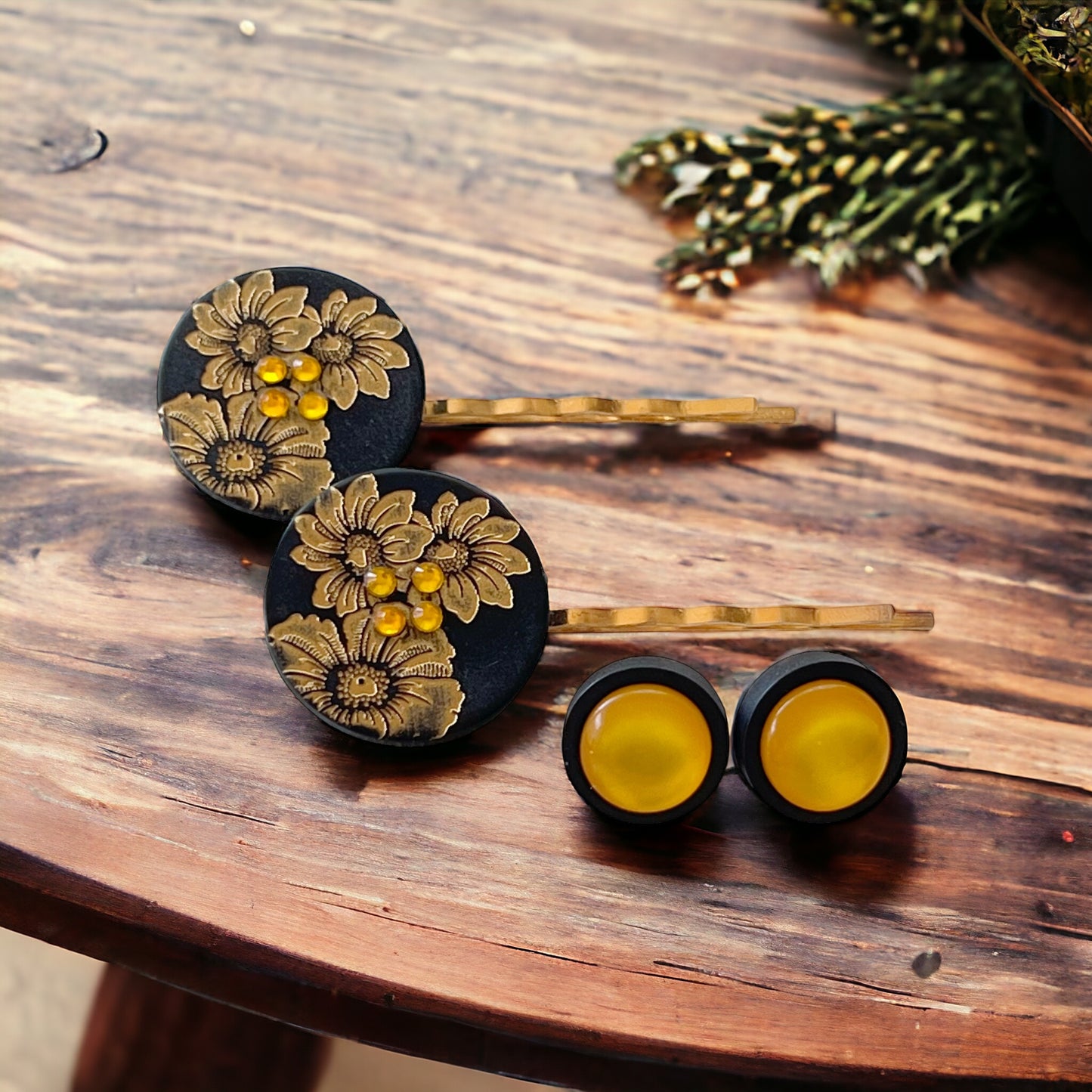 Black & Gold Sunflower Gold Bobby Pins with Matching 12mm Black Wood Earrings - Stylish Floral Accessories