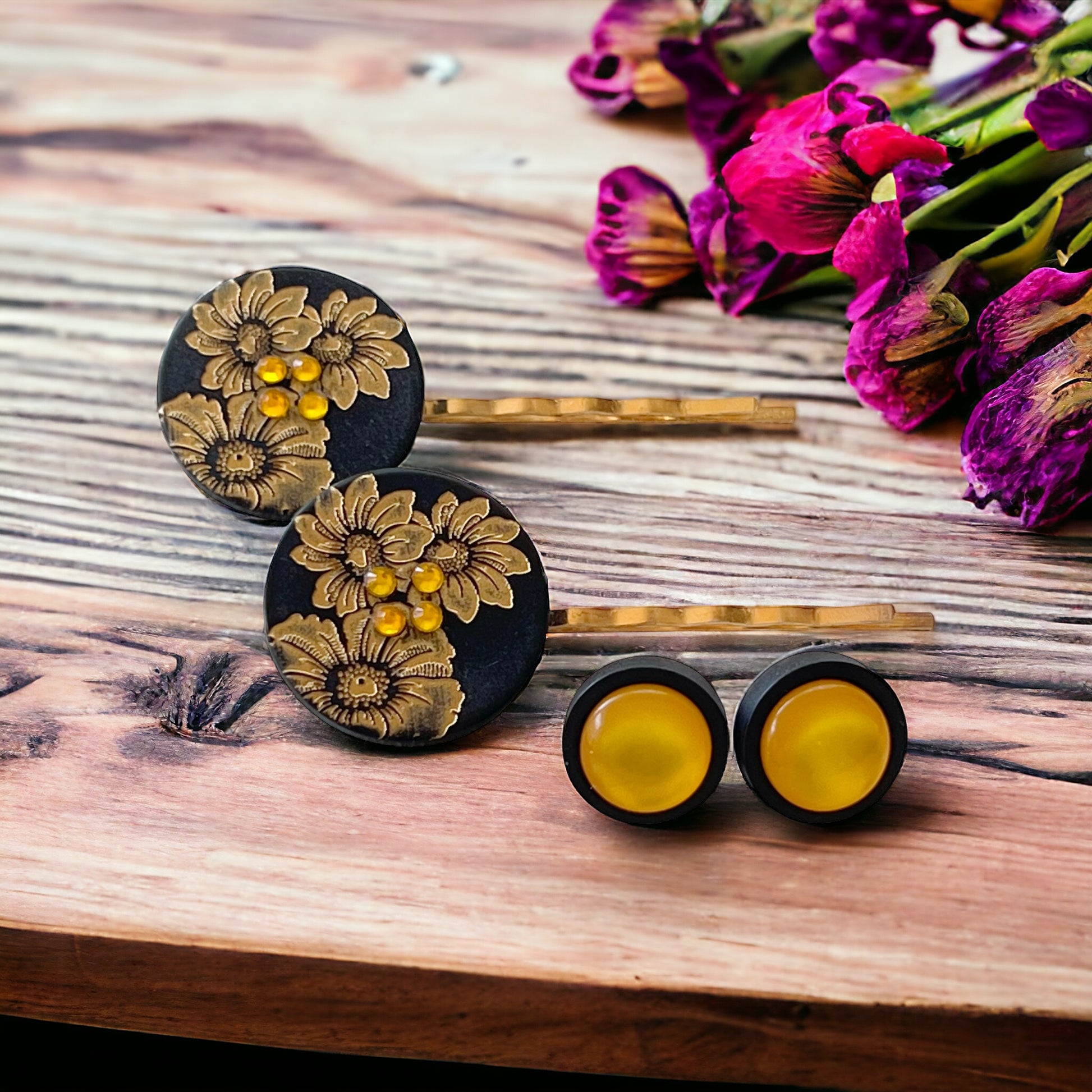 Black & Gold Sunflower Gold Bobby Pins with Matching 12mm Black Wood Earrings - Stylish Floral Accessories