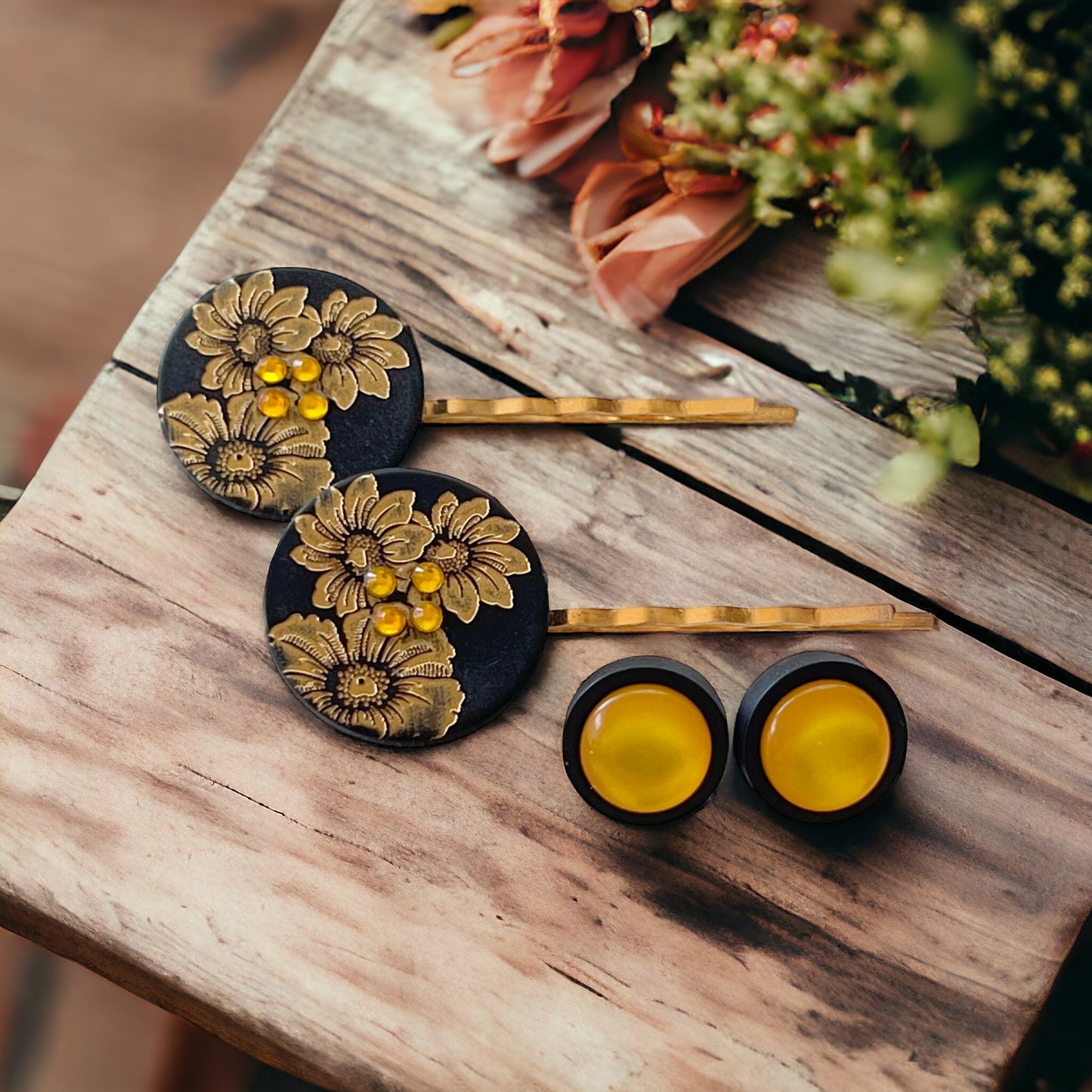 Black & Gold Sunflower Gold Bobby Pins with Matching 12mm Black Wood Earrings - Stylish Floral Accessories