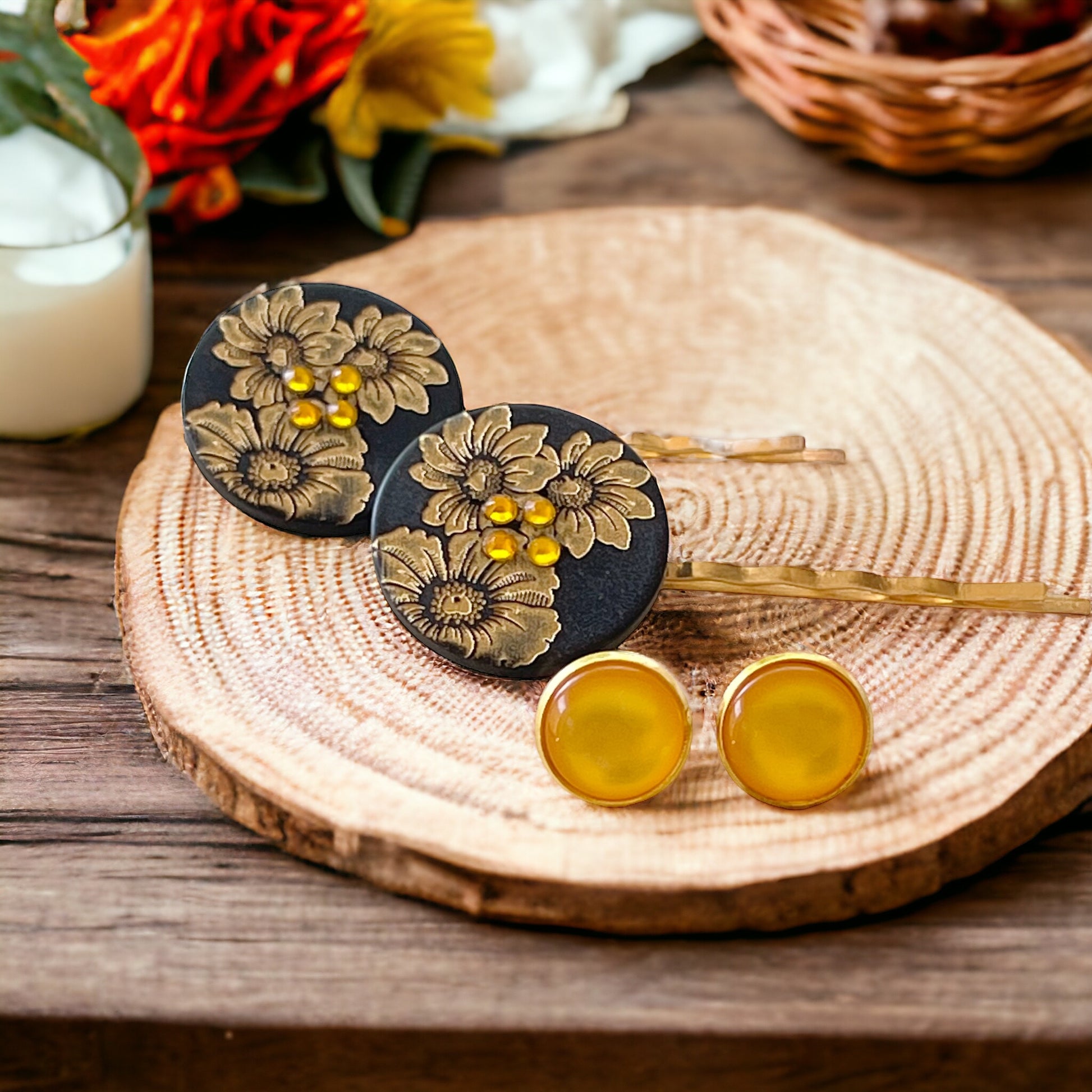 Black & Gold Sunflower Gold Bobby Pins with Matching 12mm Gold Earrings - Stylish Floral Accessories