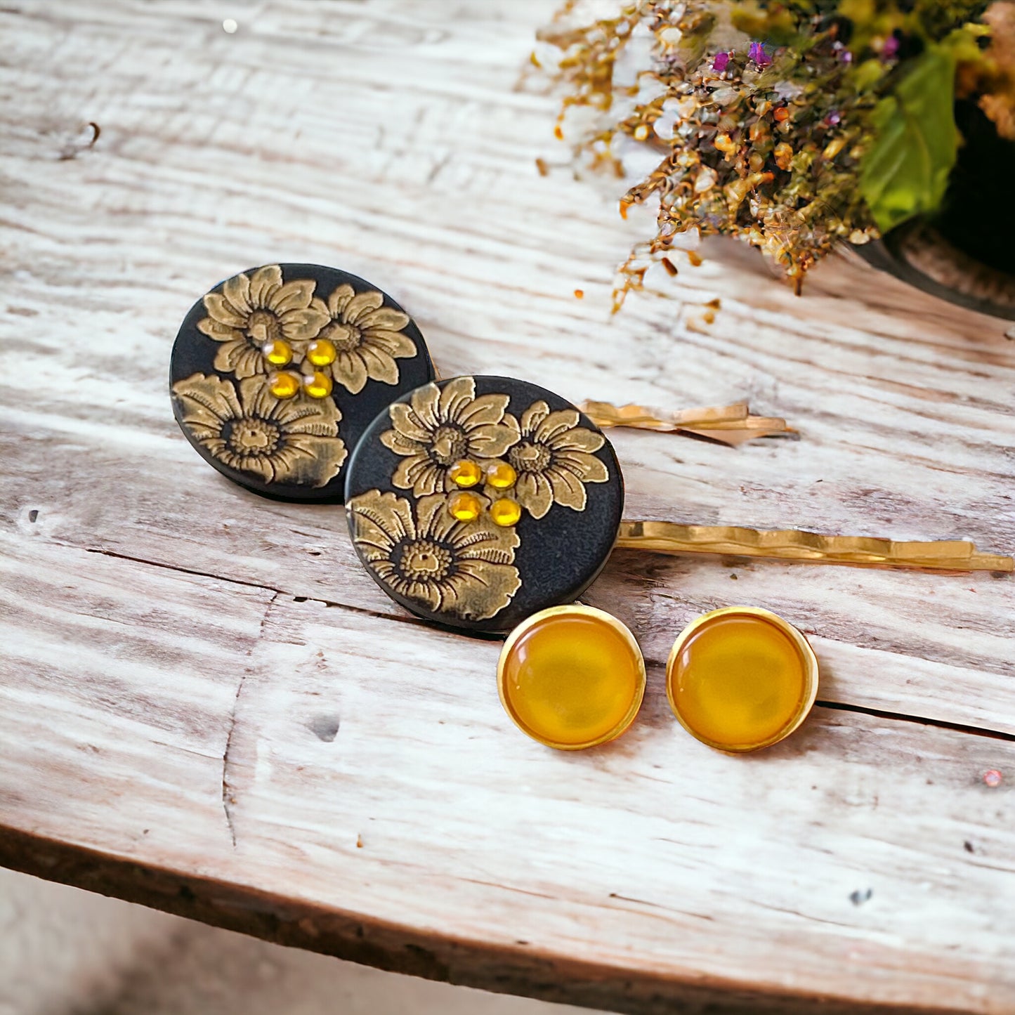 Black & Gold Sunflower Gold Bobby Pins with Matching 12mm Gold Earrings - Stylish Floral Accessories