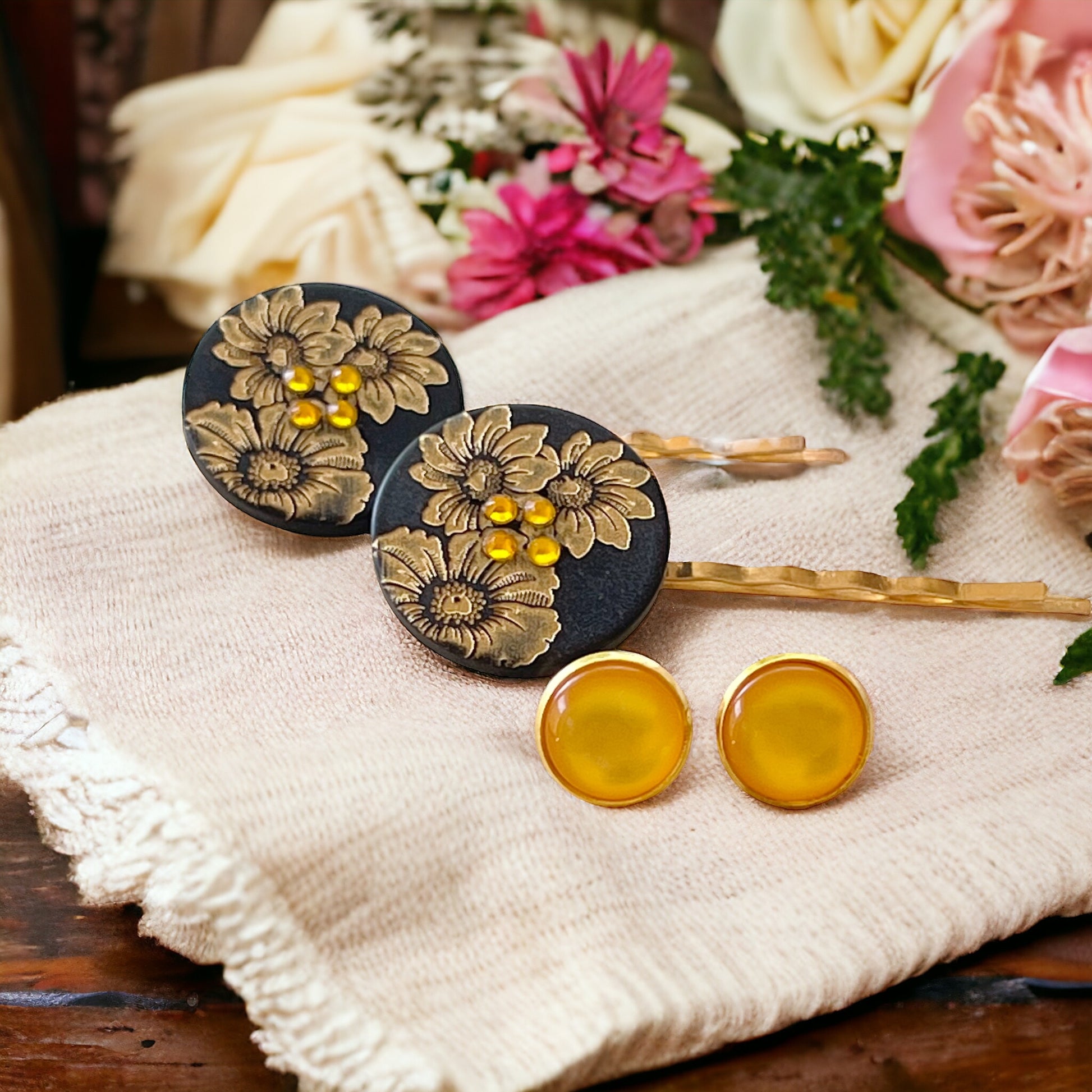 Black & Gold Sunflower Gold Bobby Pins with Matching 12mm Gold Earrings - Stylish Floral Accessories