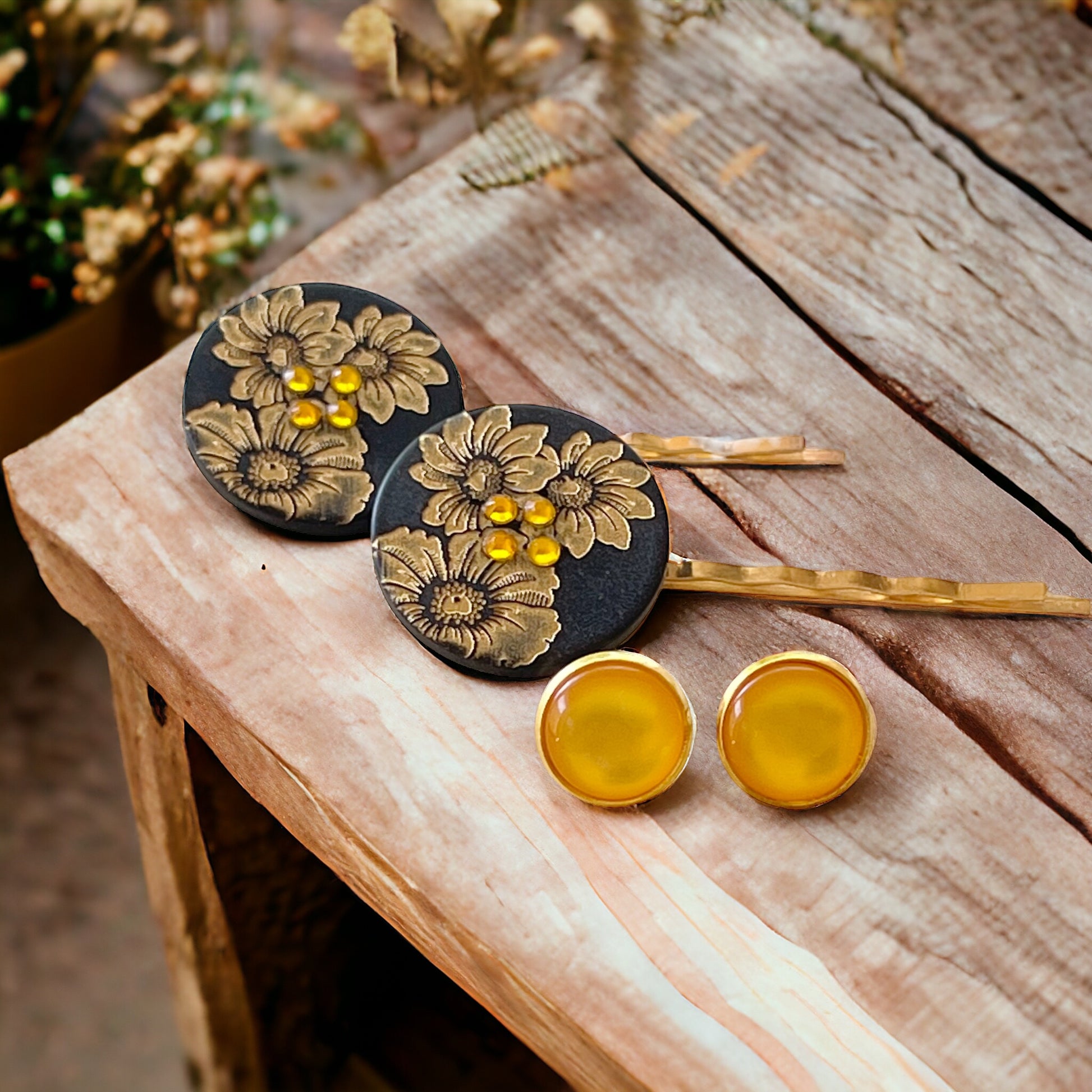 Black & Gold Sunflower Gold Bobby Pins with Matching 12mm Gold Earrings - Stylish Floral Accessories