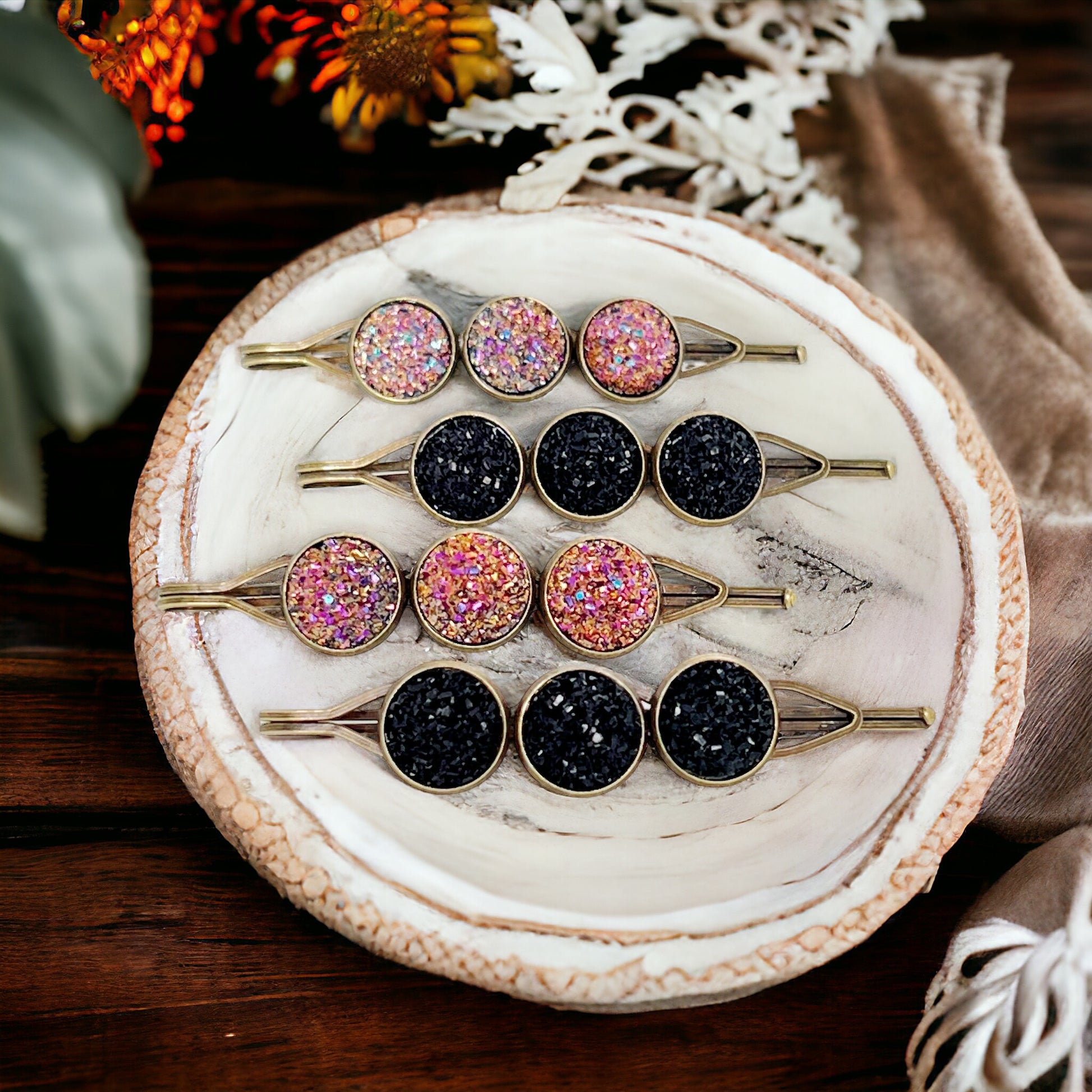 Black & Metallic Pink Druzy Hair Pins Set of 4 - Stylish and Versatile Hair Accessories