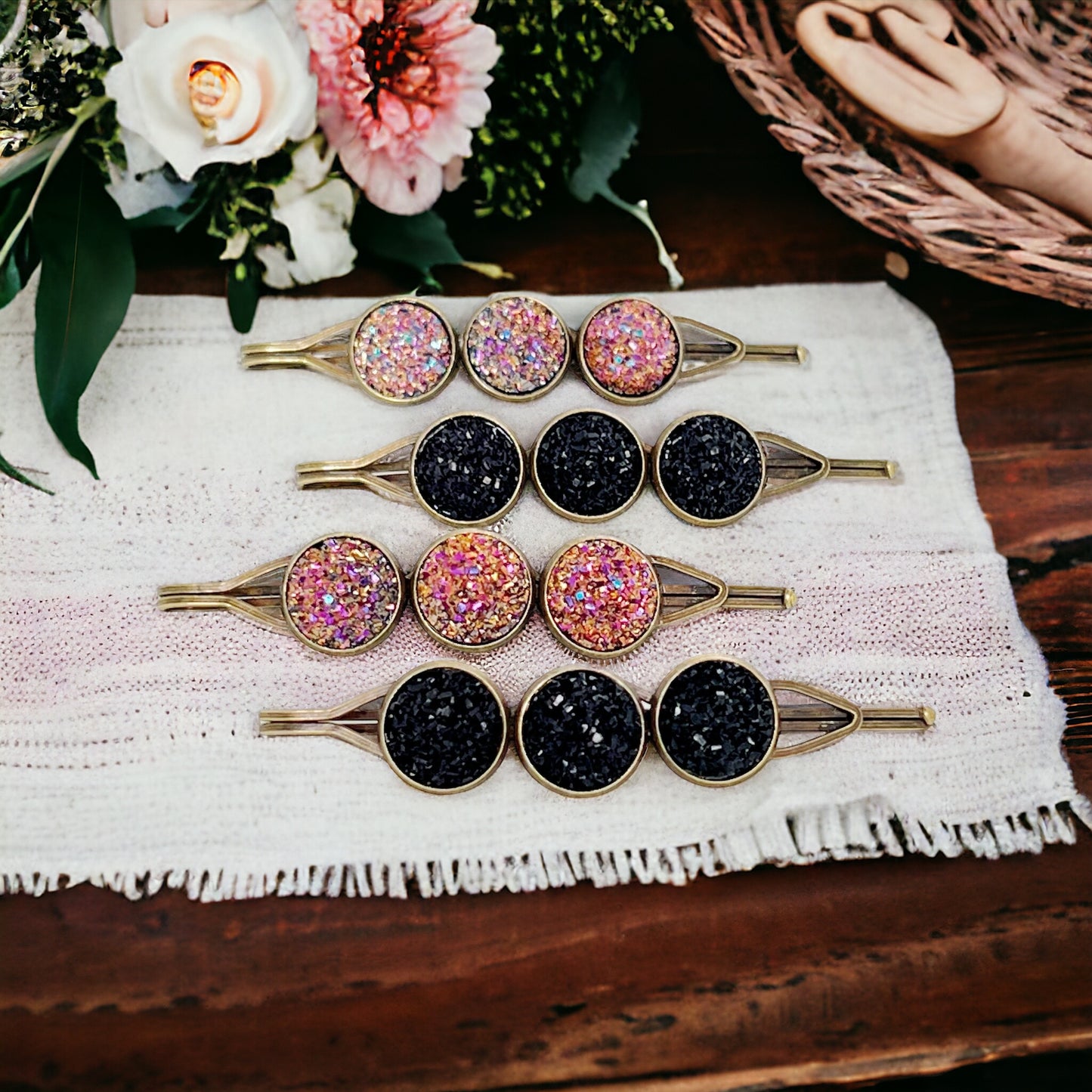 Black & Metallic Pink Druzy Hair Pins Set of 4 - Stylish and Versatile Hair Accessories